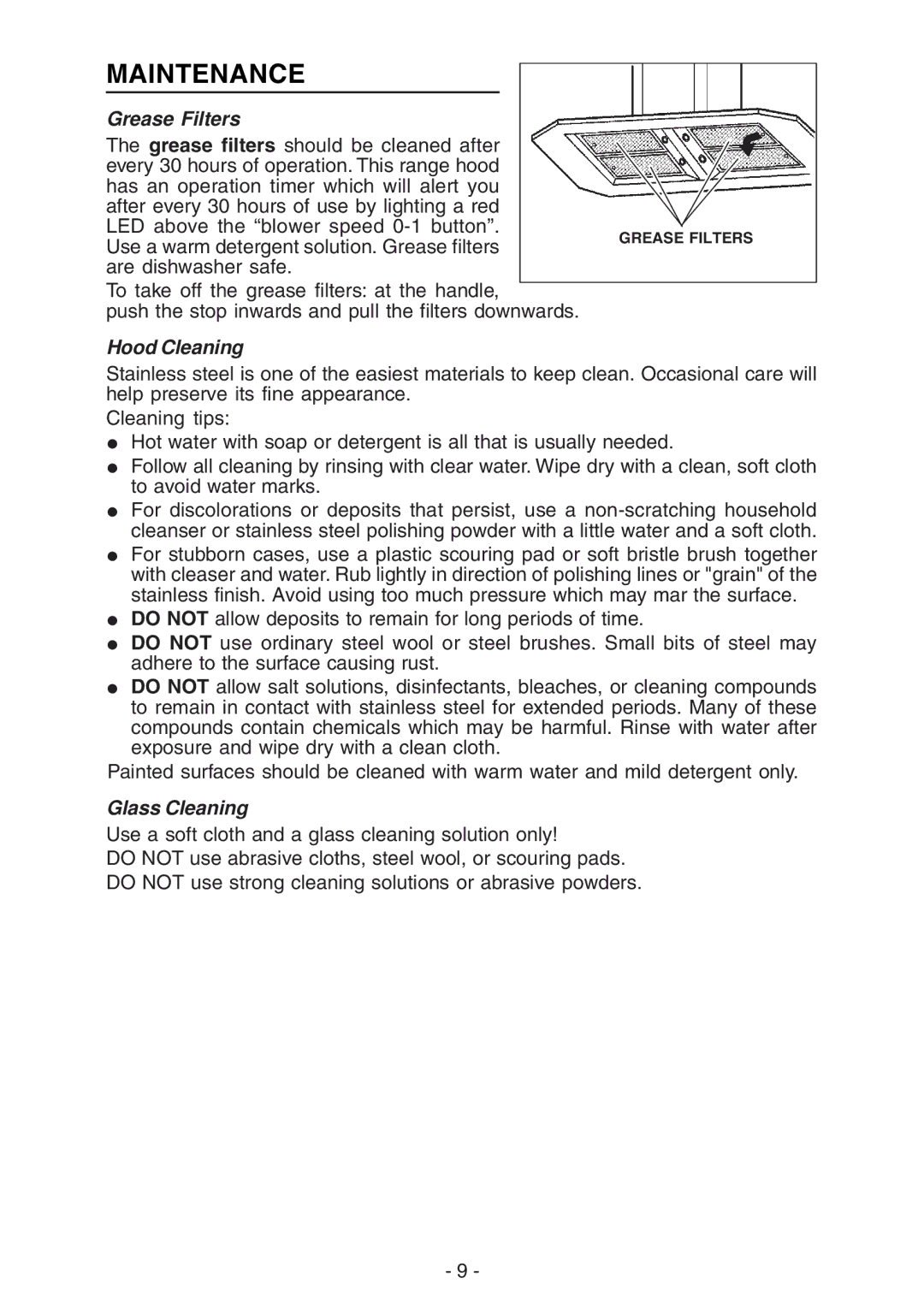 Broan IEX170 manual Maintenance, Grease Filters, Hood Cleaning, Glass Cleaning 