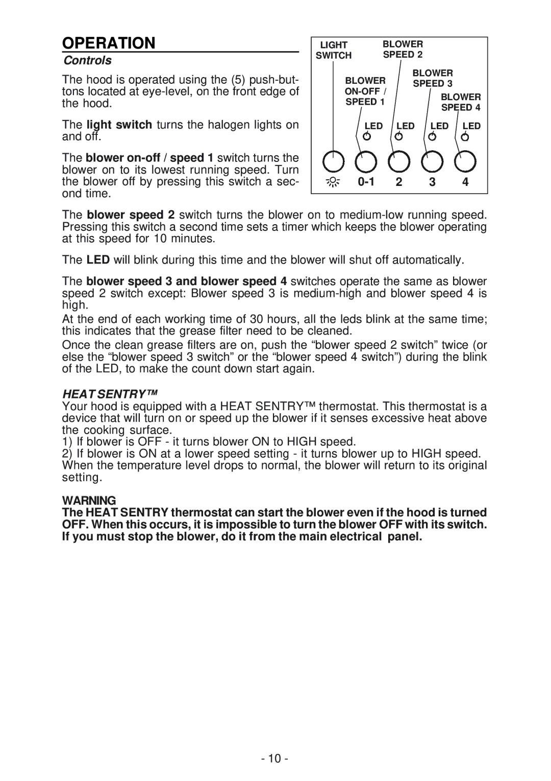 Broan IS241, BER02IS manual Operation, Controls 