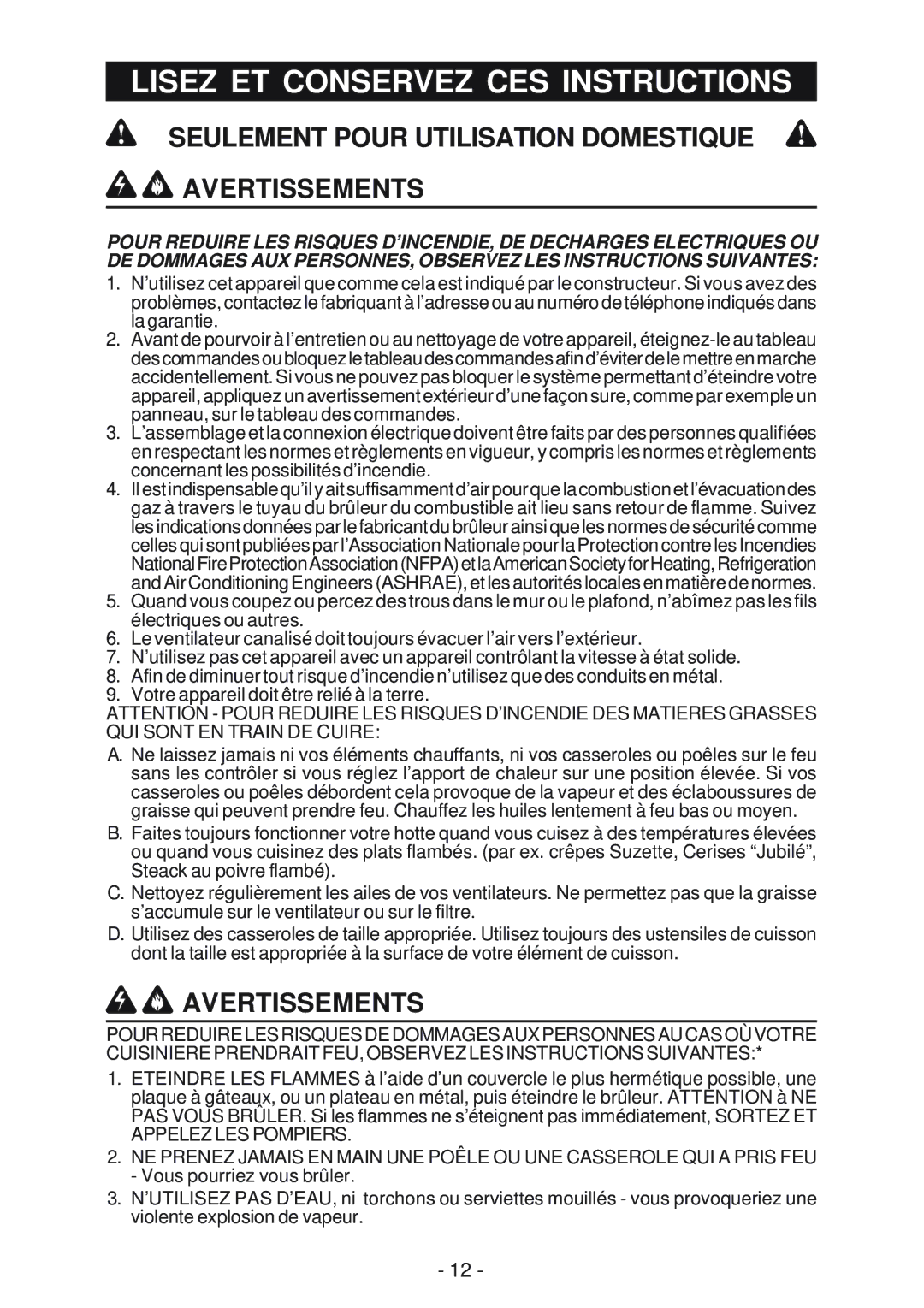 Broan IS241, BER02IS manual Lisez ET Conservez CES Instructions, Seulement Pour Utilisation Domestique Avertissements 