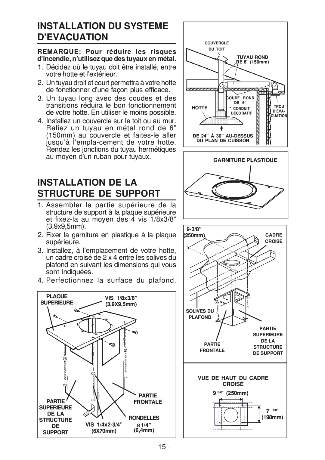 Broan BER02IS, IS241 manual Installation DU Systeme D’EVACUATION, Installation DE LA Structure DE Support 