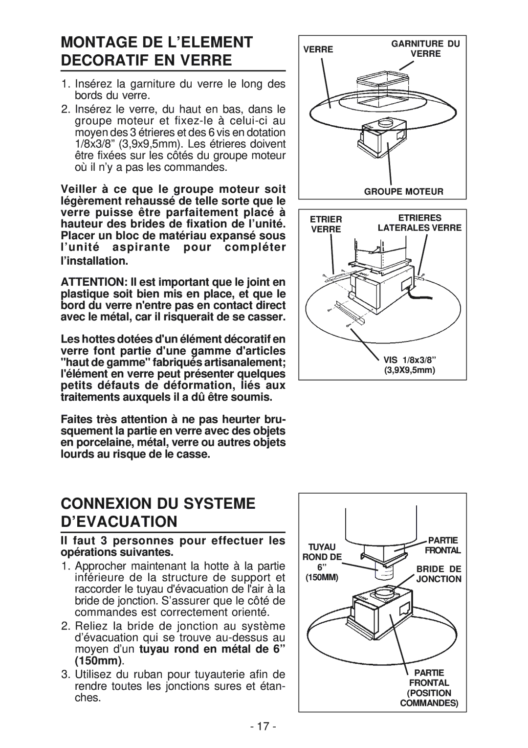 Broan BER02IS, IS241 manual Montage DE L’ELEMENT Decoratif EN Verre, Connexion DU Systeme D’EVACUATION 