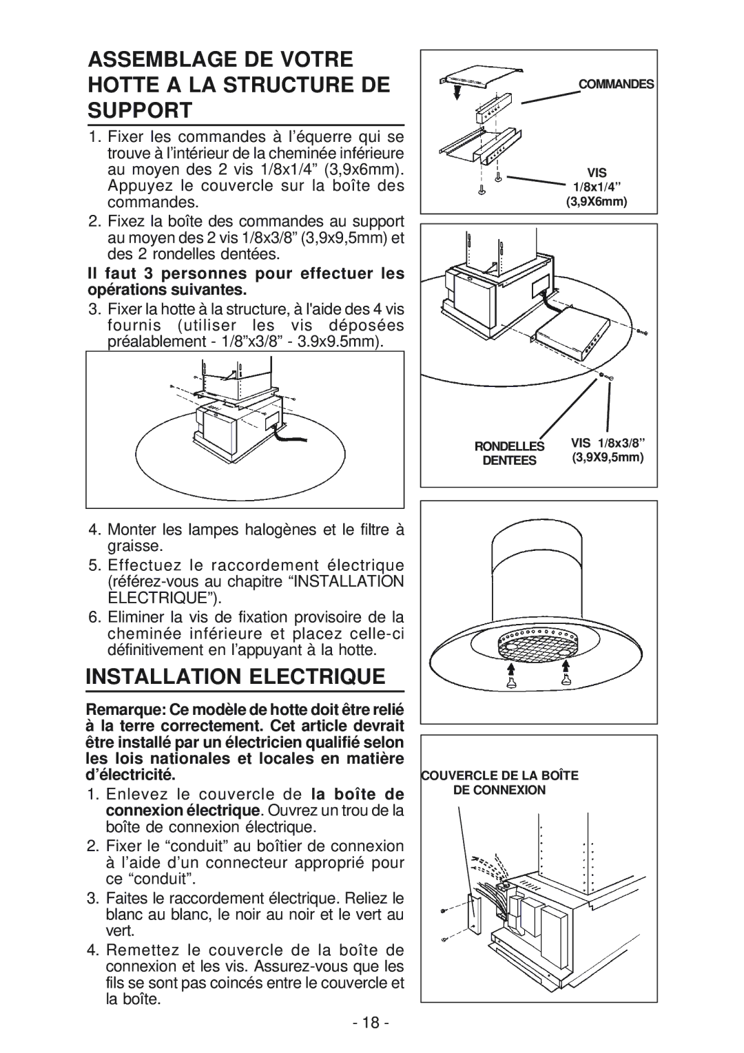 Broan IS241, BER02IS manual Assemblage DE Votre Hotte a LA Structure DE Support, Installation Electrique 