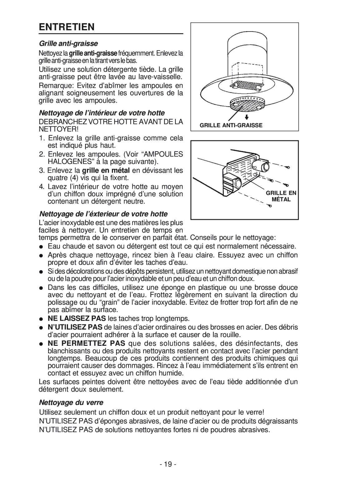 Broan BER02IS, IS241 manual Entretien, Grille anti-graisse, Nettoyage de l’intérieur de votre hotte, Nettoyage du verre 