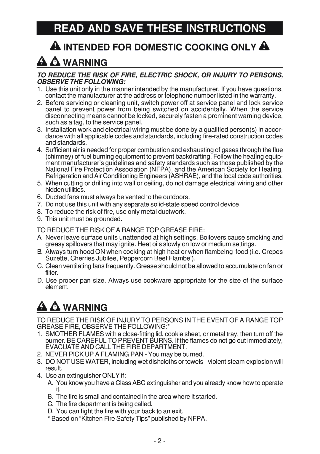 Broan IS241, BER02IS manual Read and Save These Instructions, Intended for Domestic Cooking only ! Warning 