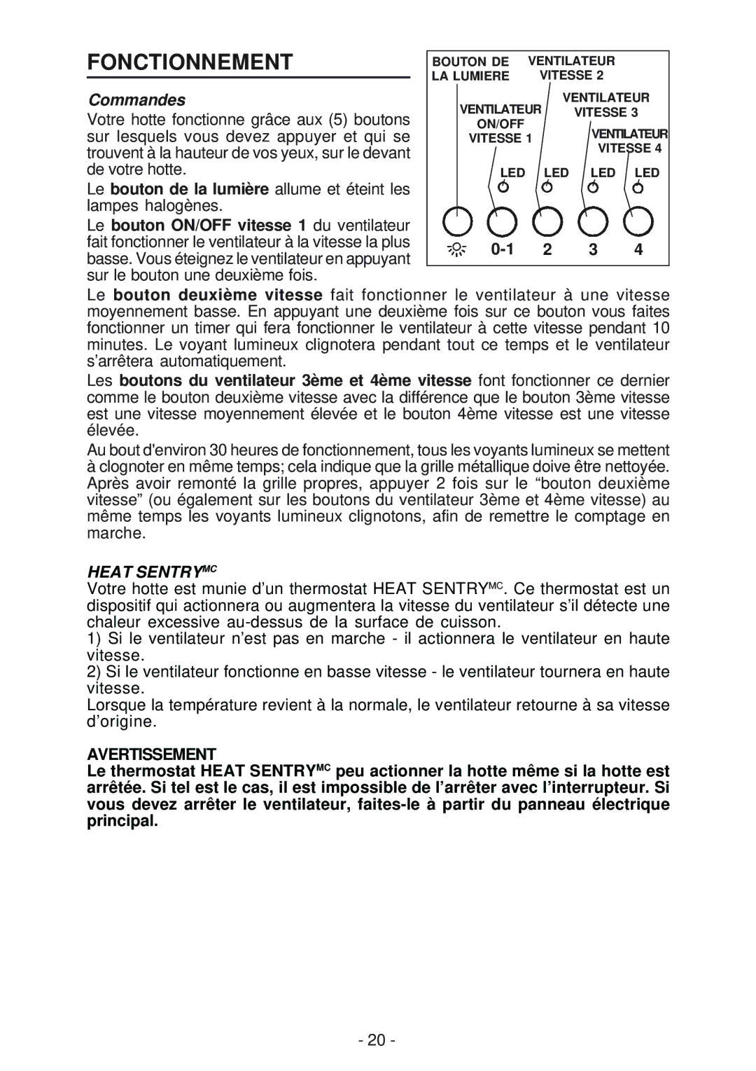 Broan IS241, BER02IS manual Fonctionnement, Commandes, Avertissement 