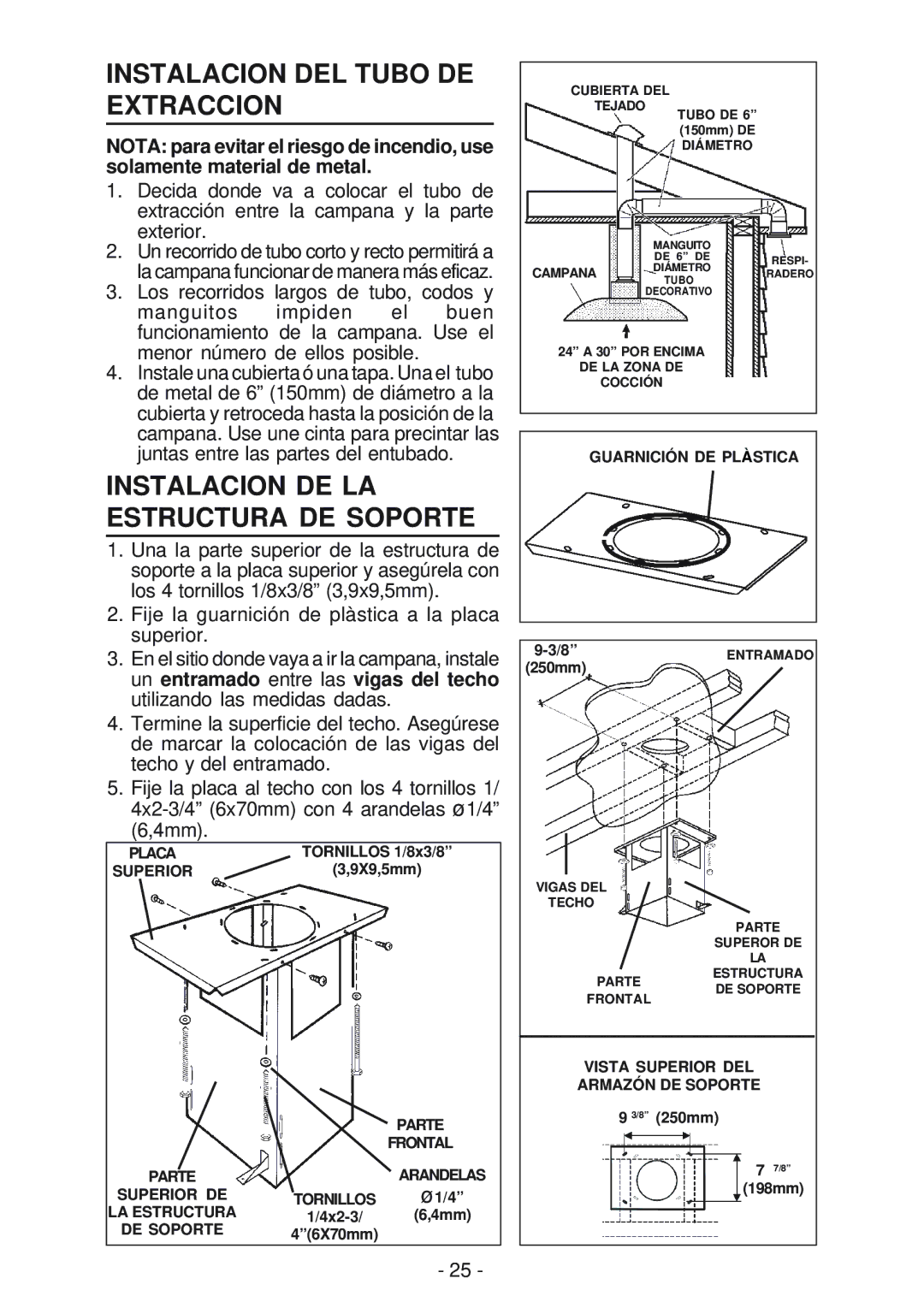 Broan BER02IS, IS241 manual Instalacion DEL Tubo DE Extraccion, Instalacion DE LA Estructura DE Soporte 