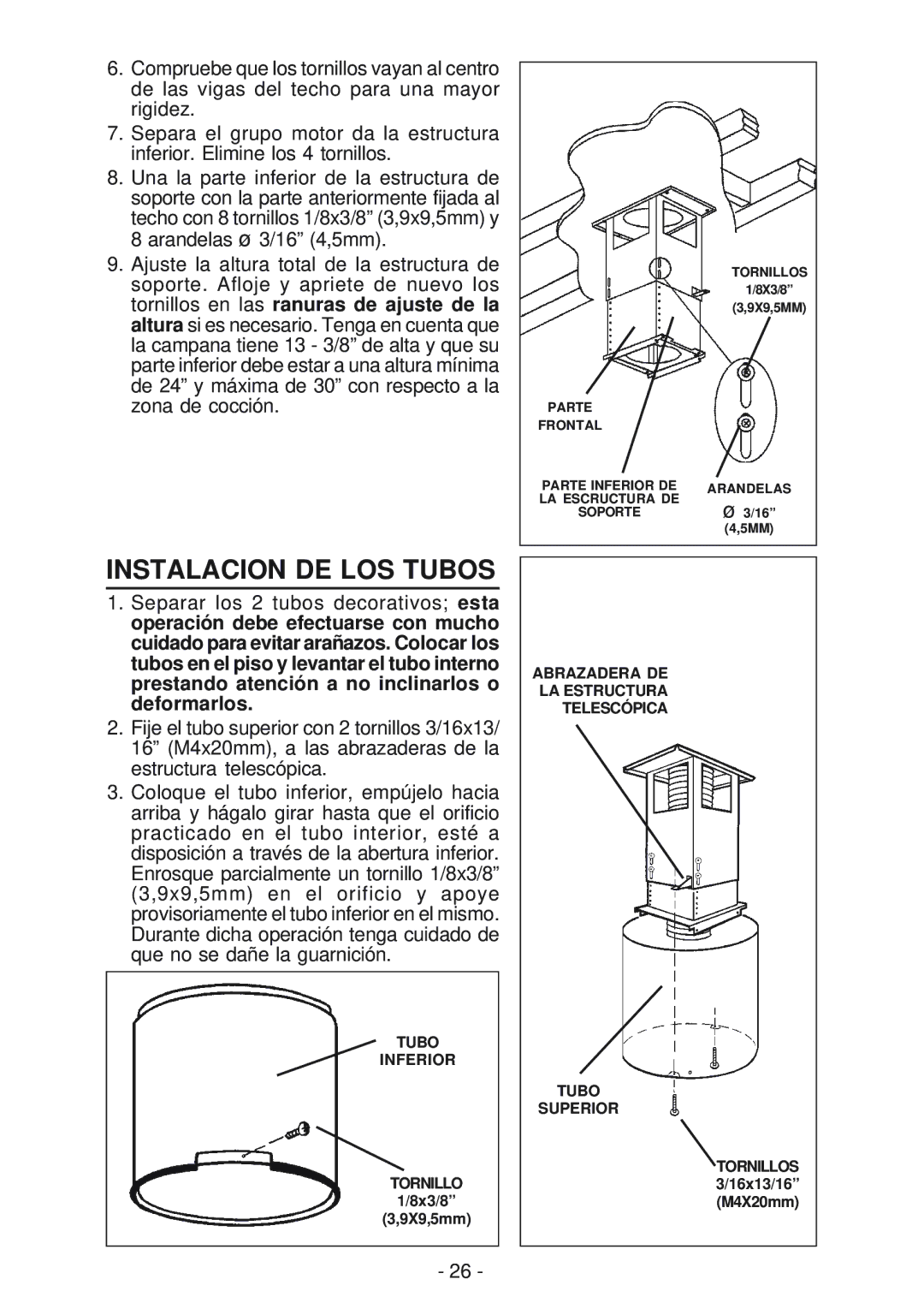 Broan IS241, BER02IS manual Instalacion DE LOS Tubos, Tubo Inferior Tornillo 