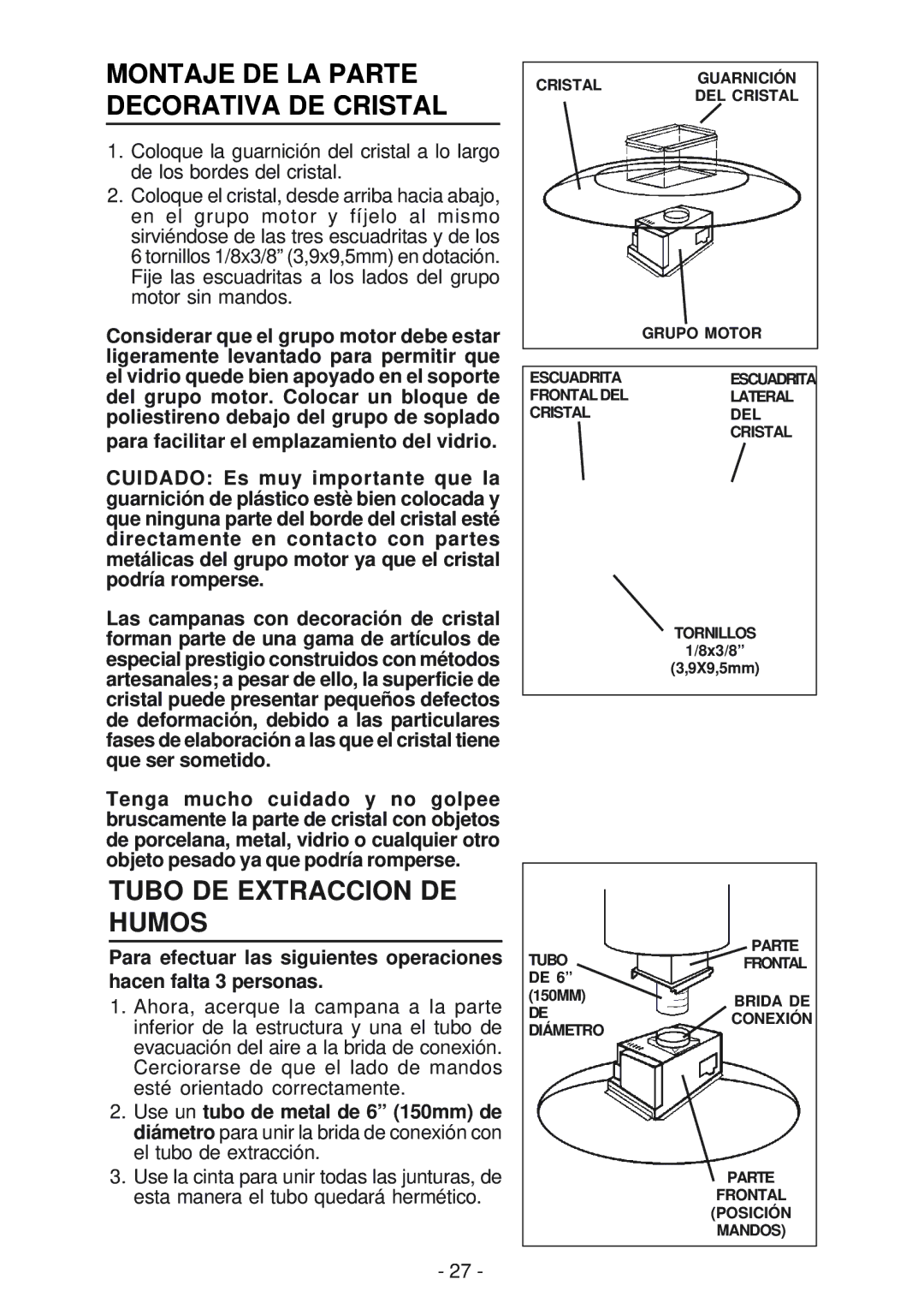 Broan BER02IS, IS241 manual Montaje DE LA Parte Decorativa DE Cristal, Tubo DE Extraccion DE Humos 