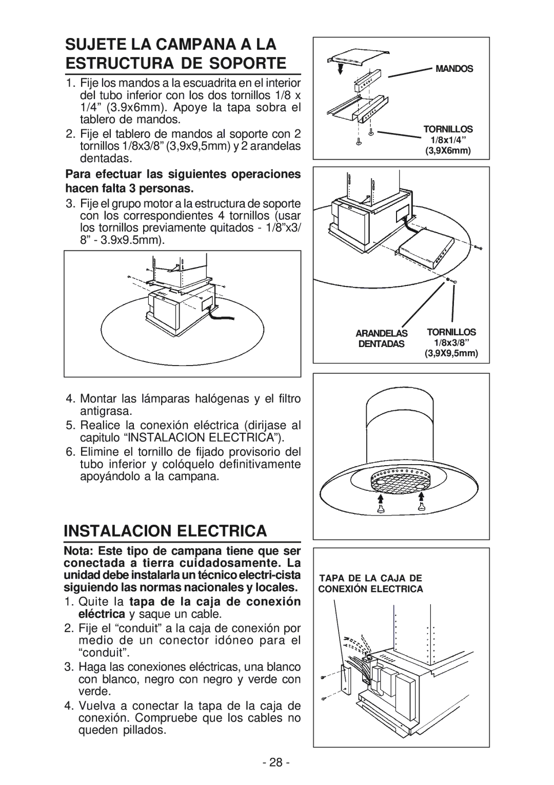 Broan IS241, BER02IS manual Sujete LA Campana a LA Estructura DE Soporte, Instalacion Electrica 