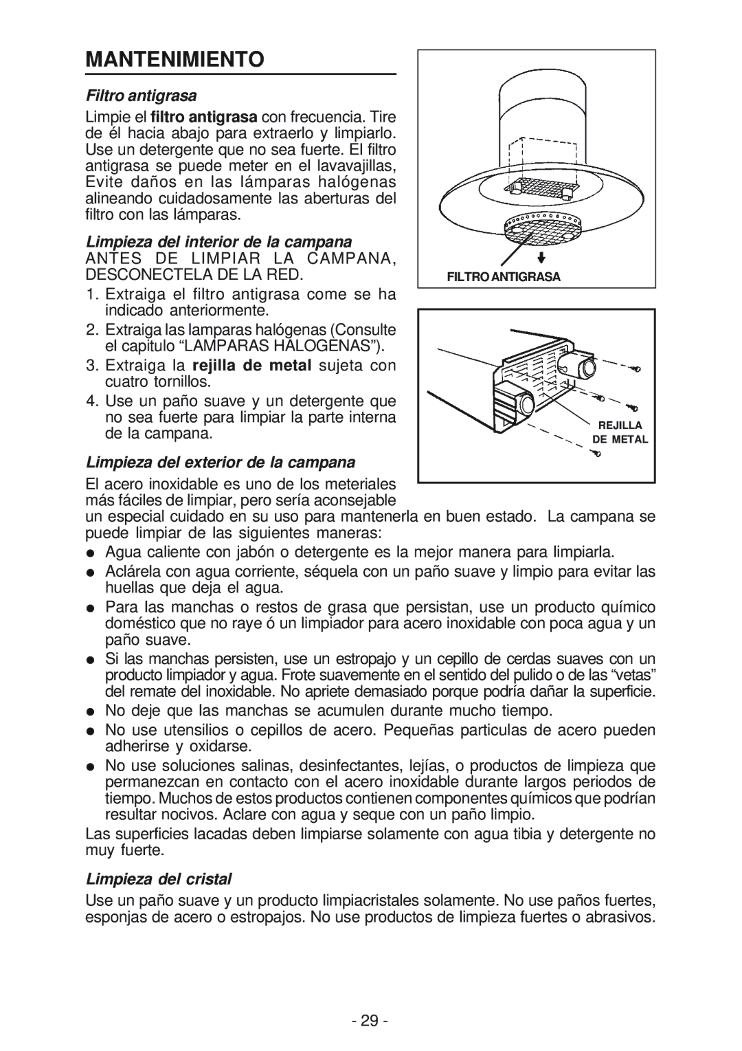 Broan BER02IS Mantenimiento, Filtro antigrasa, Limpieza del interior de la campana, Limpieza del exterior de la campana 