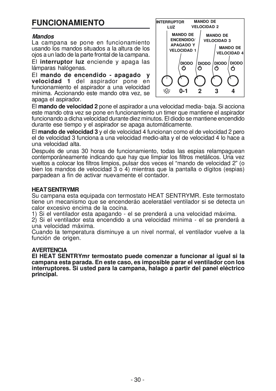 Broan IS241, BER02IS manual Funcionamiento, Mandos, Heat Sentrymr, Avertencia 