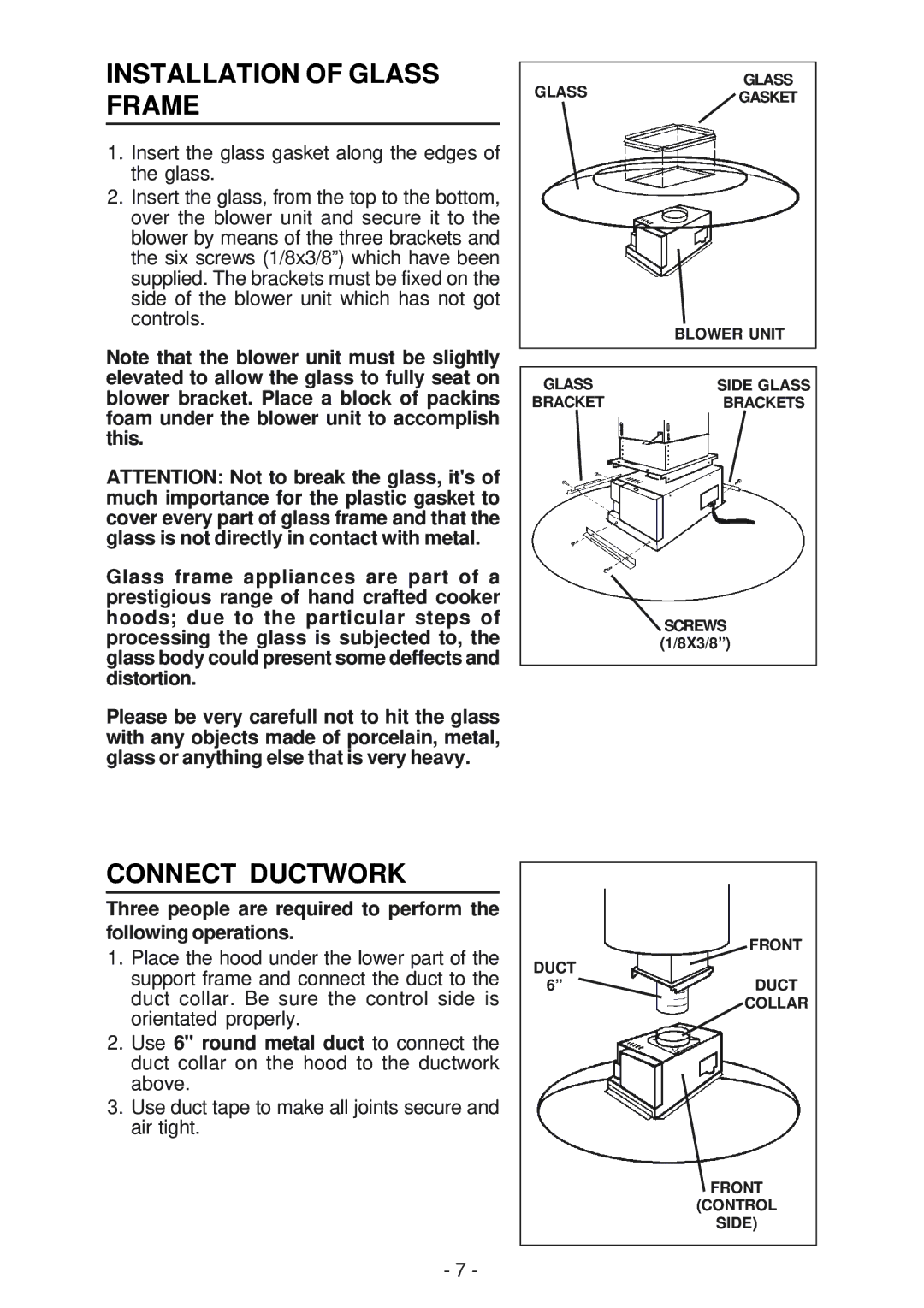 Broan BER02IS, IS241 manual Installation of Glass Frame, Connect Ductwork 