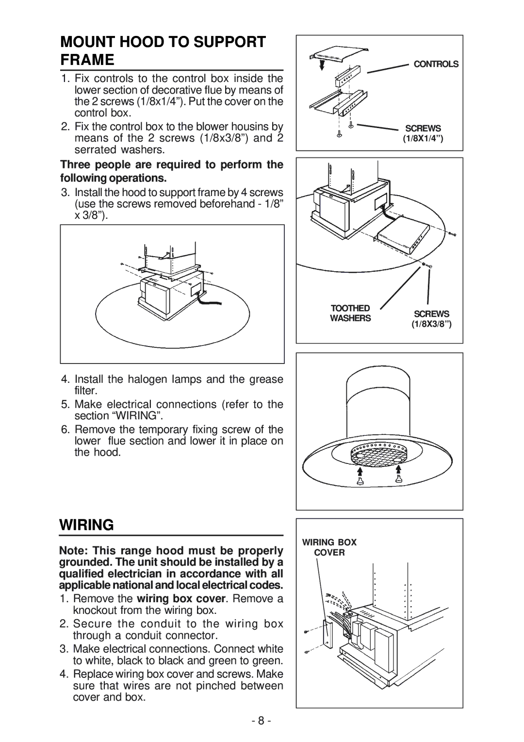 Broan IS241, BER02IS manual Mount Hood to Support Frame, Wiring 