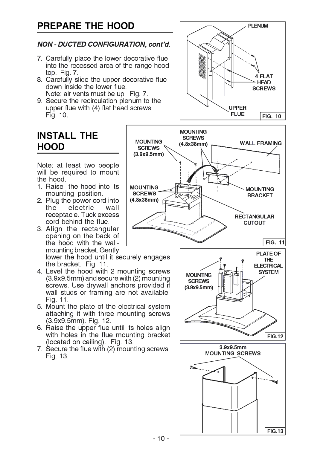 Broan K7388 manual Install, Hood, NON Ducted CONFIGURATION, cont’d 