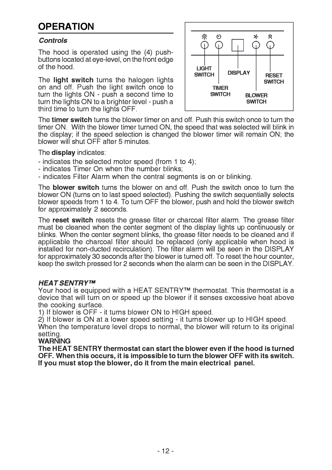 Broan K7388 manual Operation, Controls, Heat Sentry 