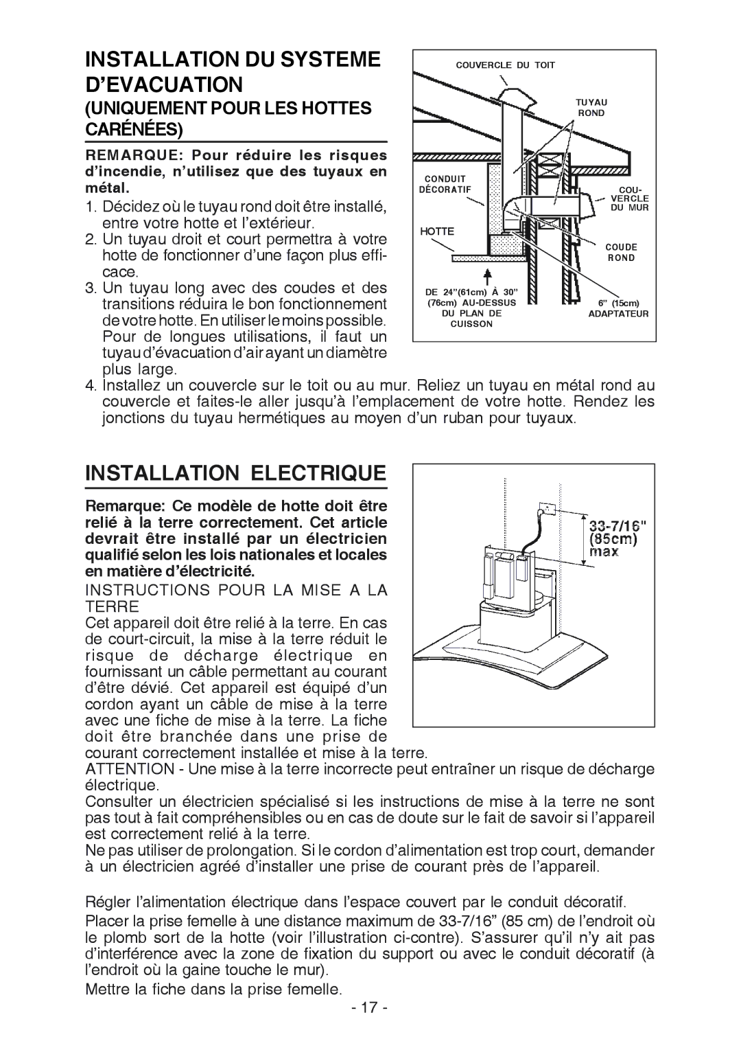 Broan K7388 manual Installation DU Systeme, ’Evacuation, Installation Electrique 