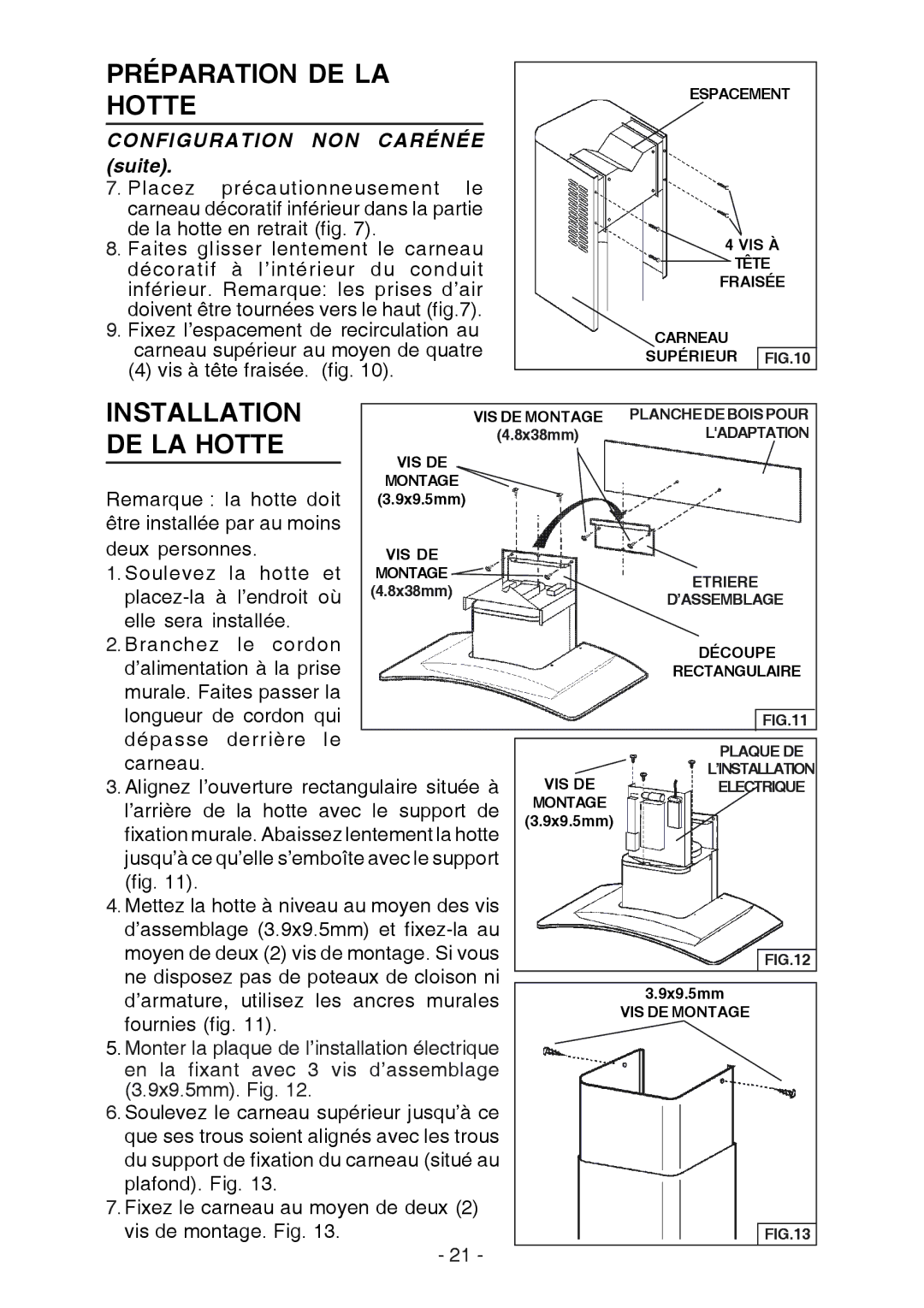 Broan K7388 manual Préparation DE LA Hotte, Configuration NON Carénée suite 