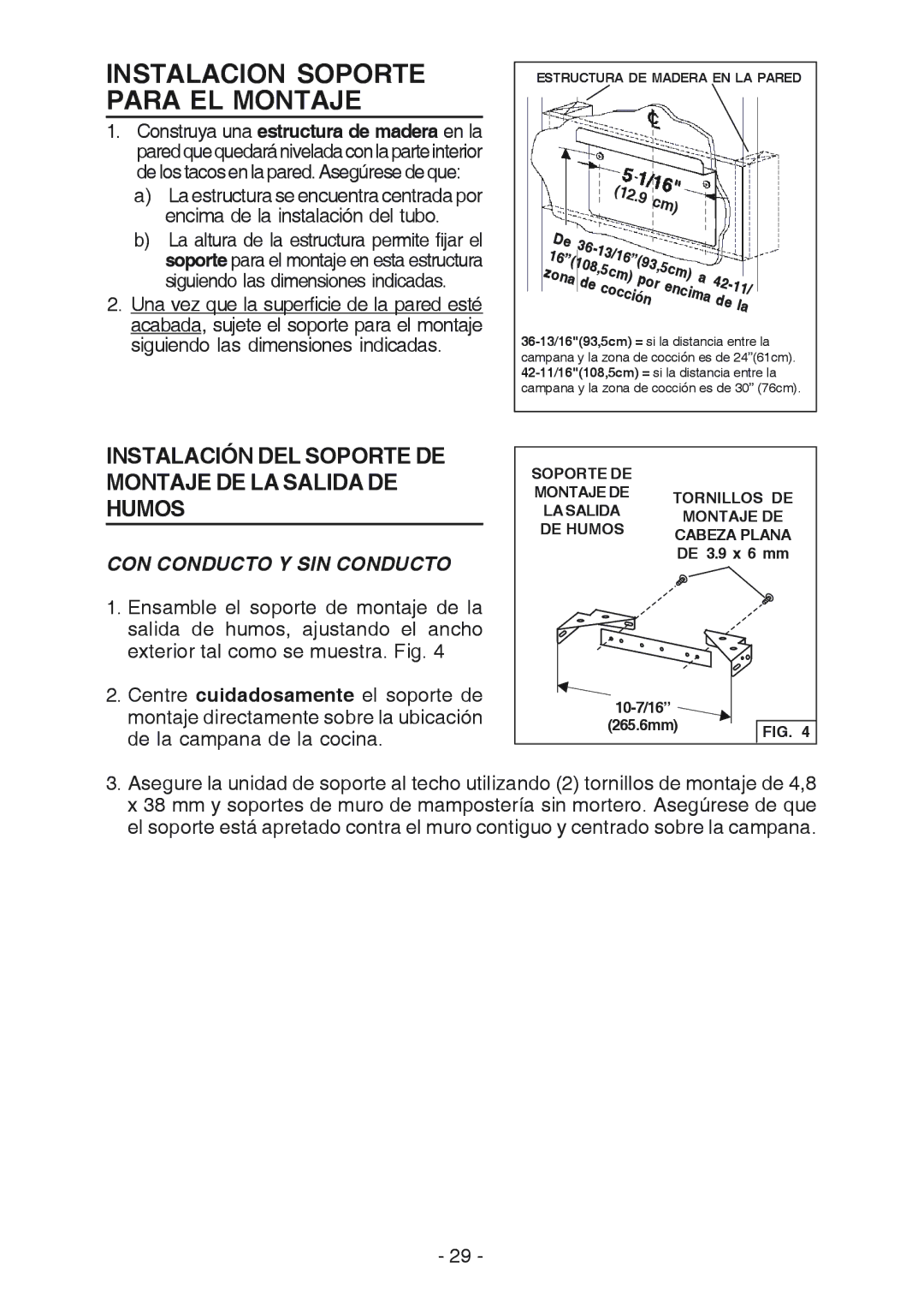 Broan K7388 manual Instalacion Soporte Para EL Montaje, CON Conducto Y SIN Conducto 