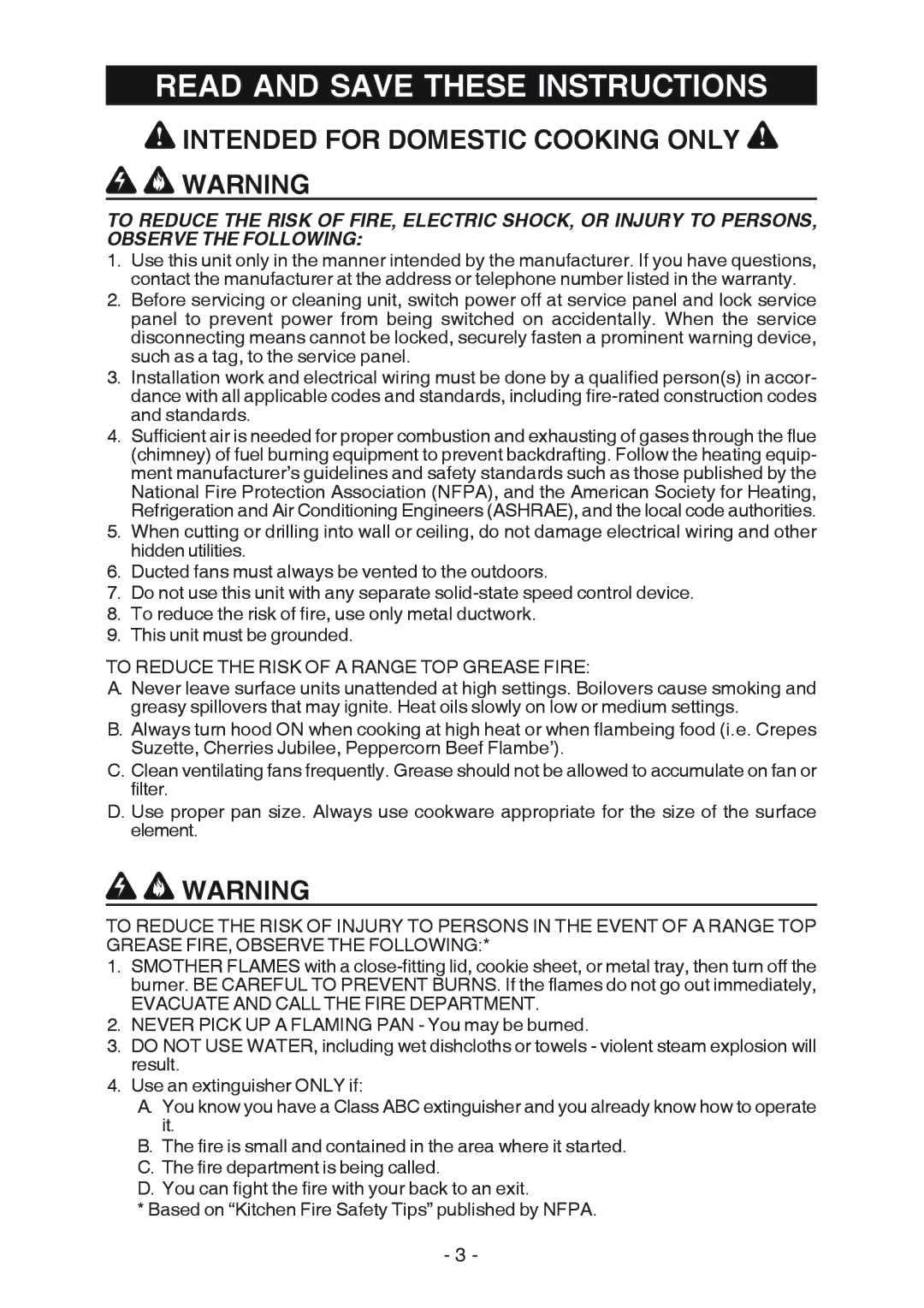 Broan K7388 manual Read and Save These Instructions, Intended for Domestic Cooking only ! Warning 