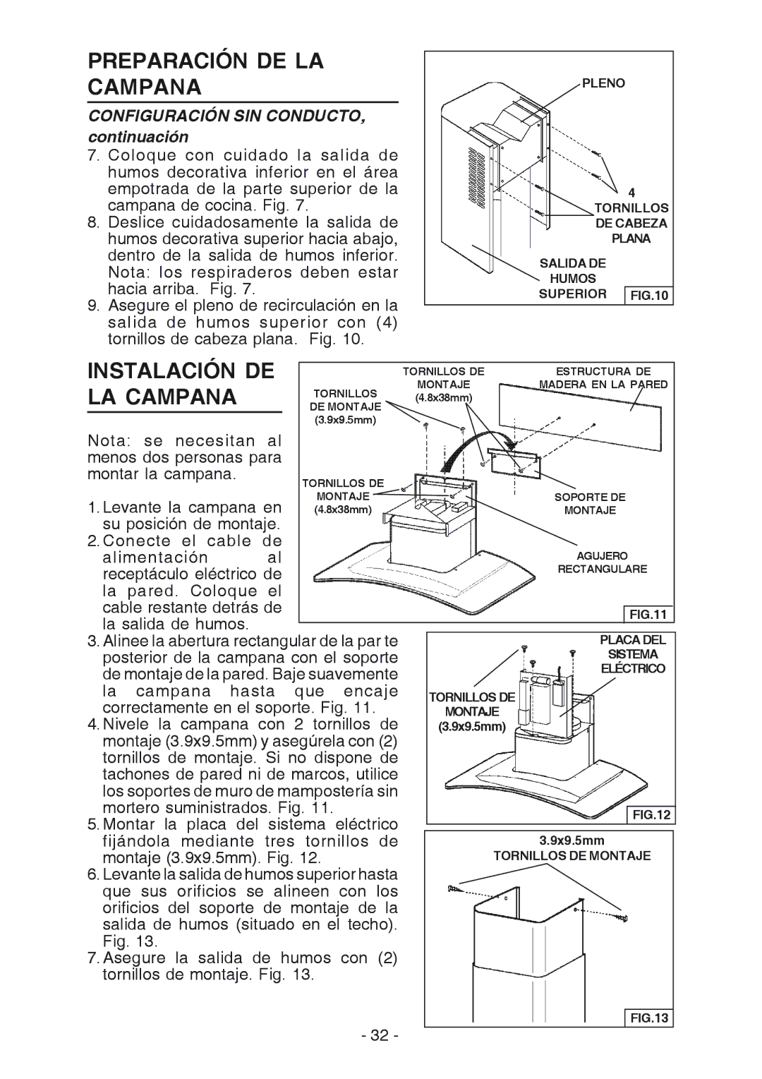 Broan K7388 manual Instalación DE, LA Campana, Configuración SIN CONDUCTO, continuación 