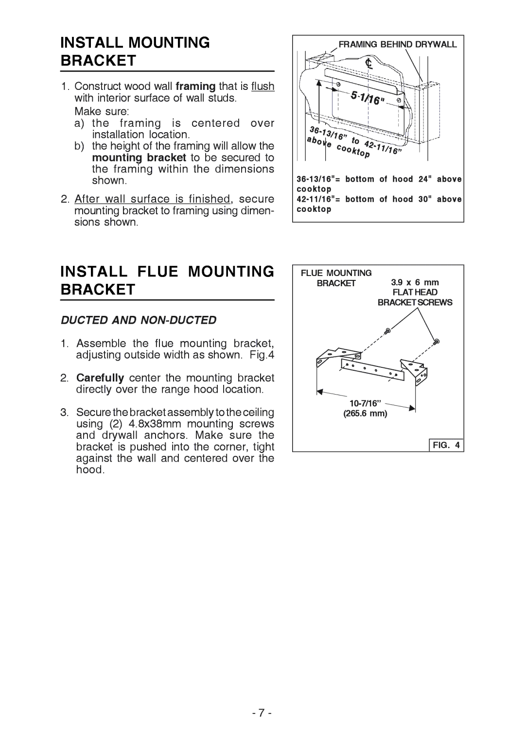 Broan K7388 manual Install Mounting Bracket, Install Flue Mounting Bracket, Ducted and NON-DUCTED 