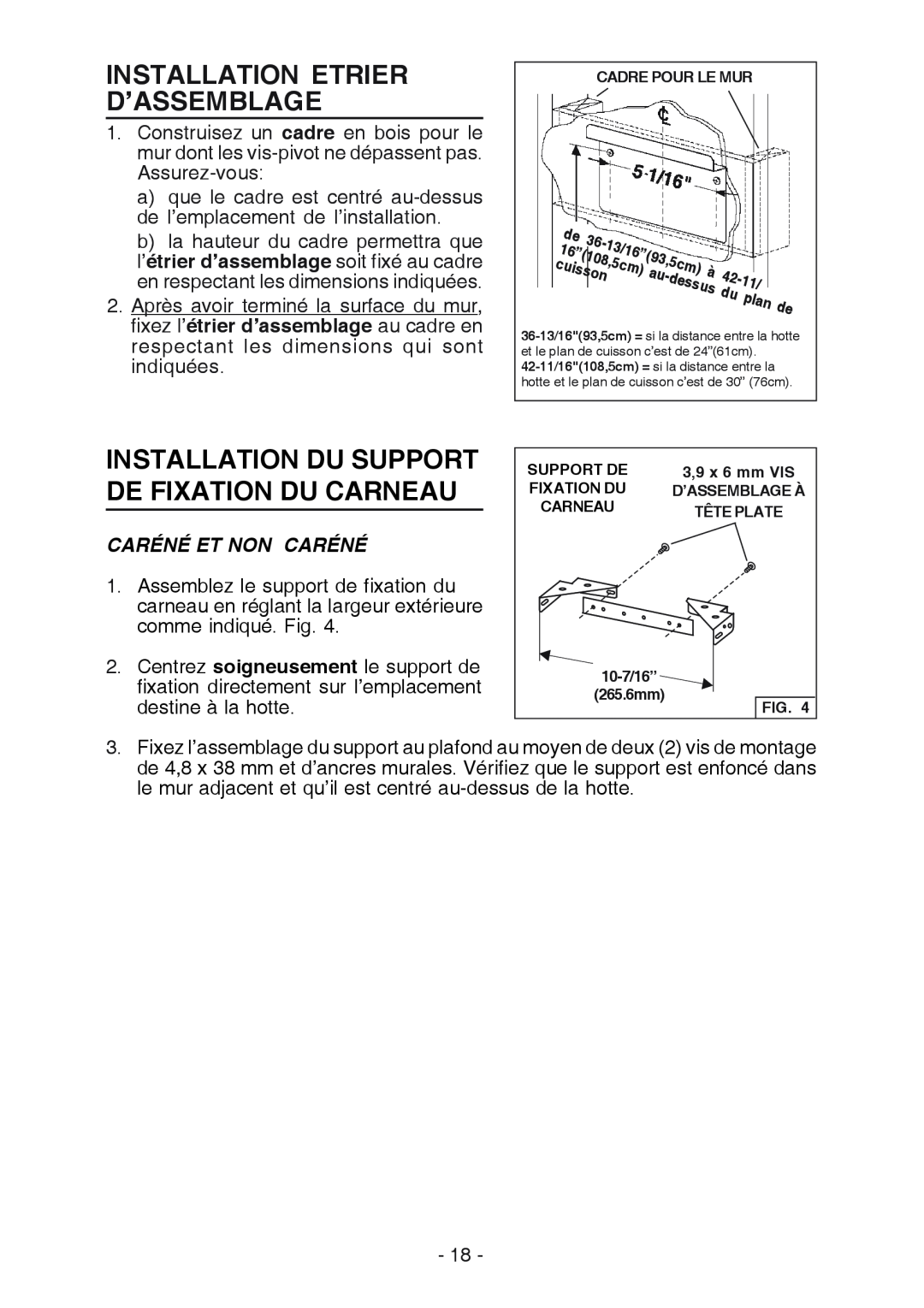 Broan K7388 manual Installation Etrier D’Assemblage, Installation Du Support De Fixation Du Carneau, Caréné Et Non Caréné 