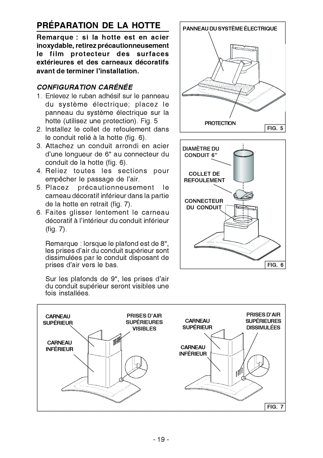 Broan K7388 manual Préparation De La Hotte, Configuration Carénée 