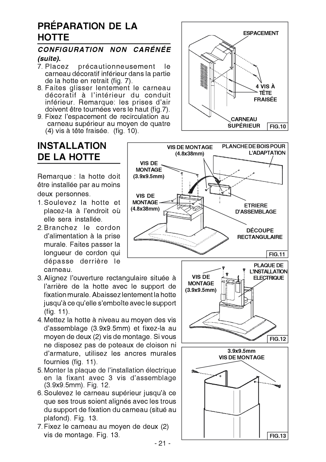 Broan K7388 manual Préparation De La Hotte, CONFIGURATION NON CARÉNÉE suite, Installation 