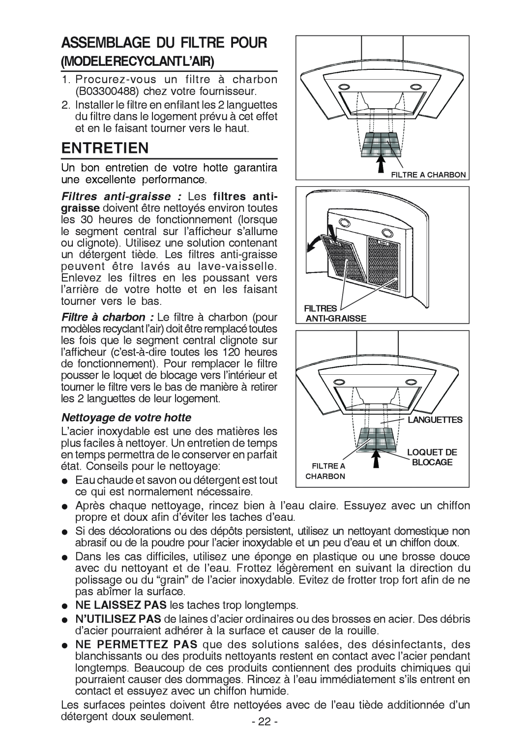Broan K7388 manual Assemblage Du Filtre Pour, Entretien, Modelerecyclantl’Air, Nettoyage de votre hotte 