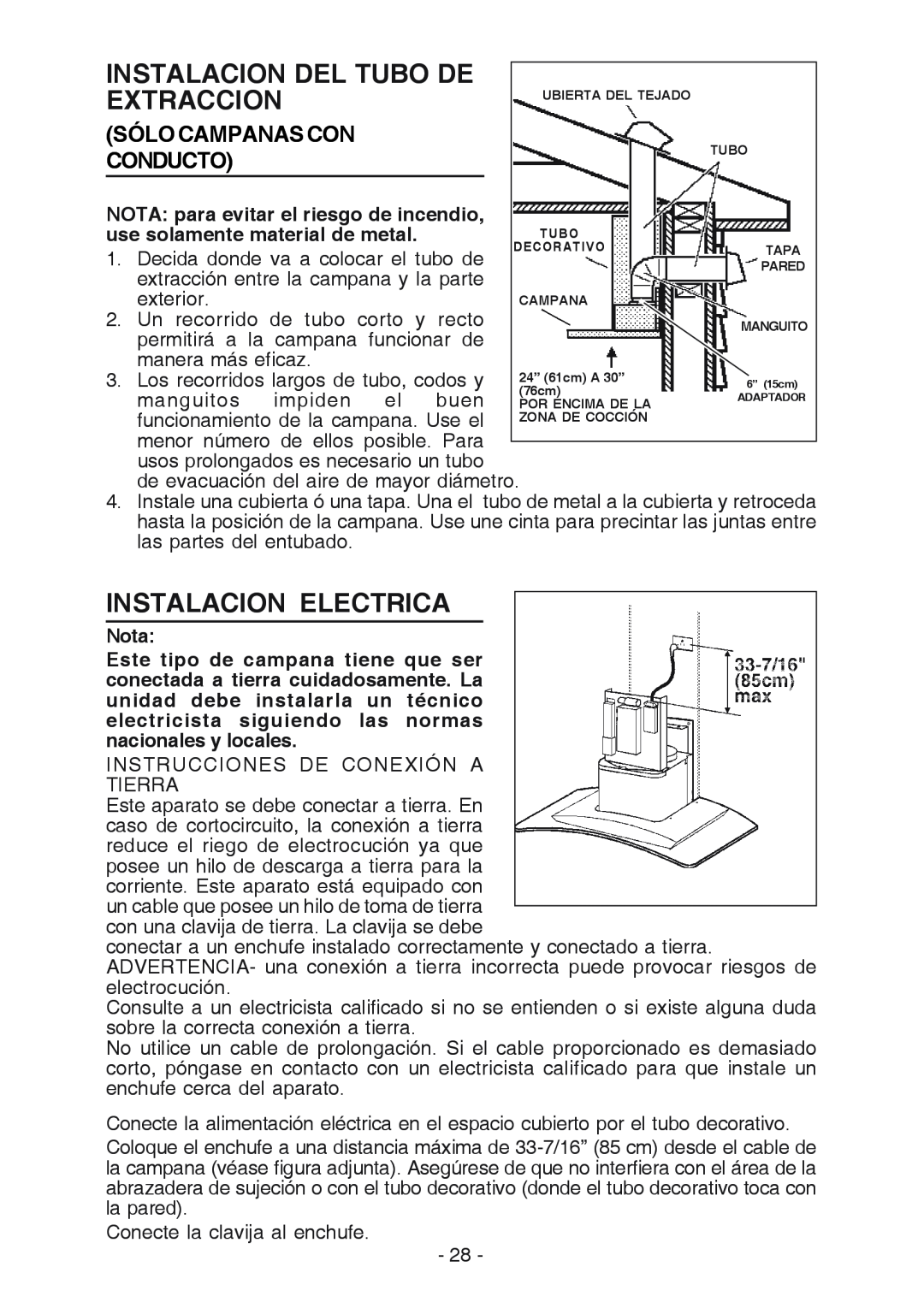 Broan K7388 manual Instalacion Del Tubo De, Extraccion, Instalacion Electrica, Sólo Campanas Con, Conducto, exterior, Nota 
