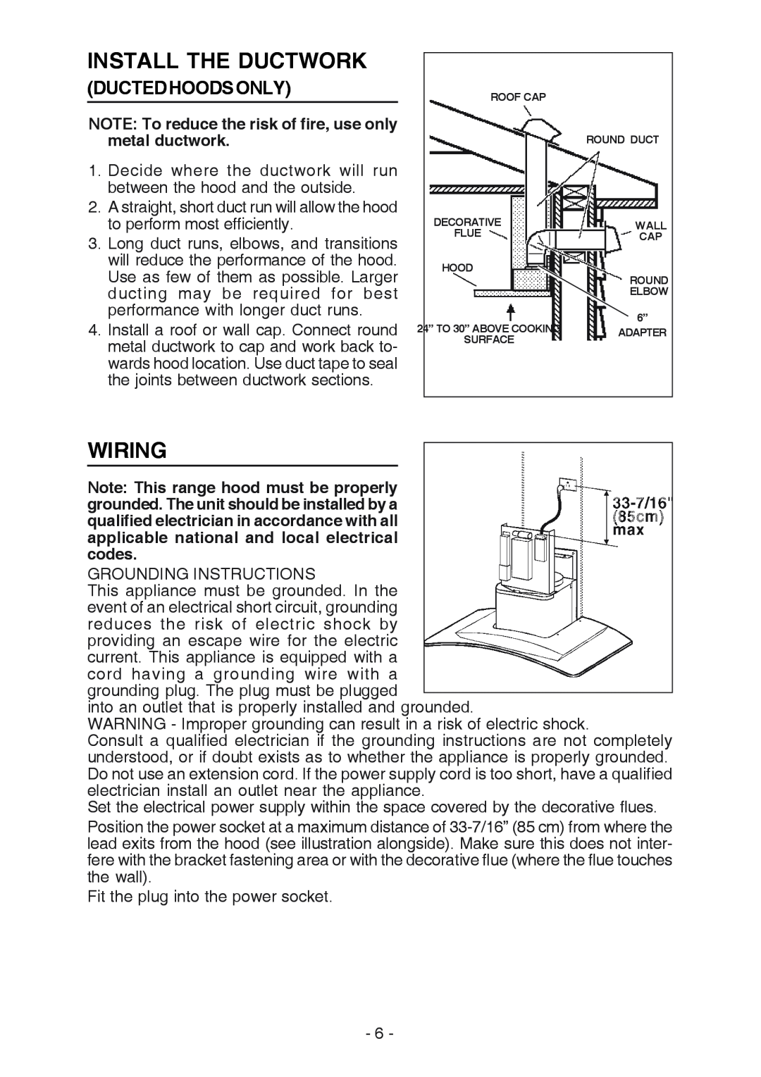 Broan K7388 manual Install The Ductwork, Wiring, Ductedhoodsonly, NOTE To reduce the risk of fire, use only metal ductwork 
