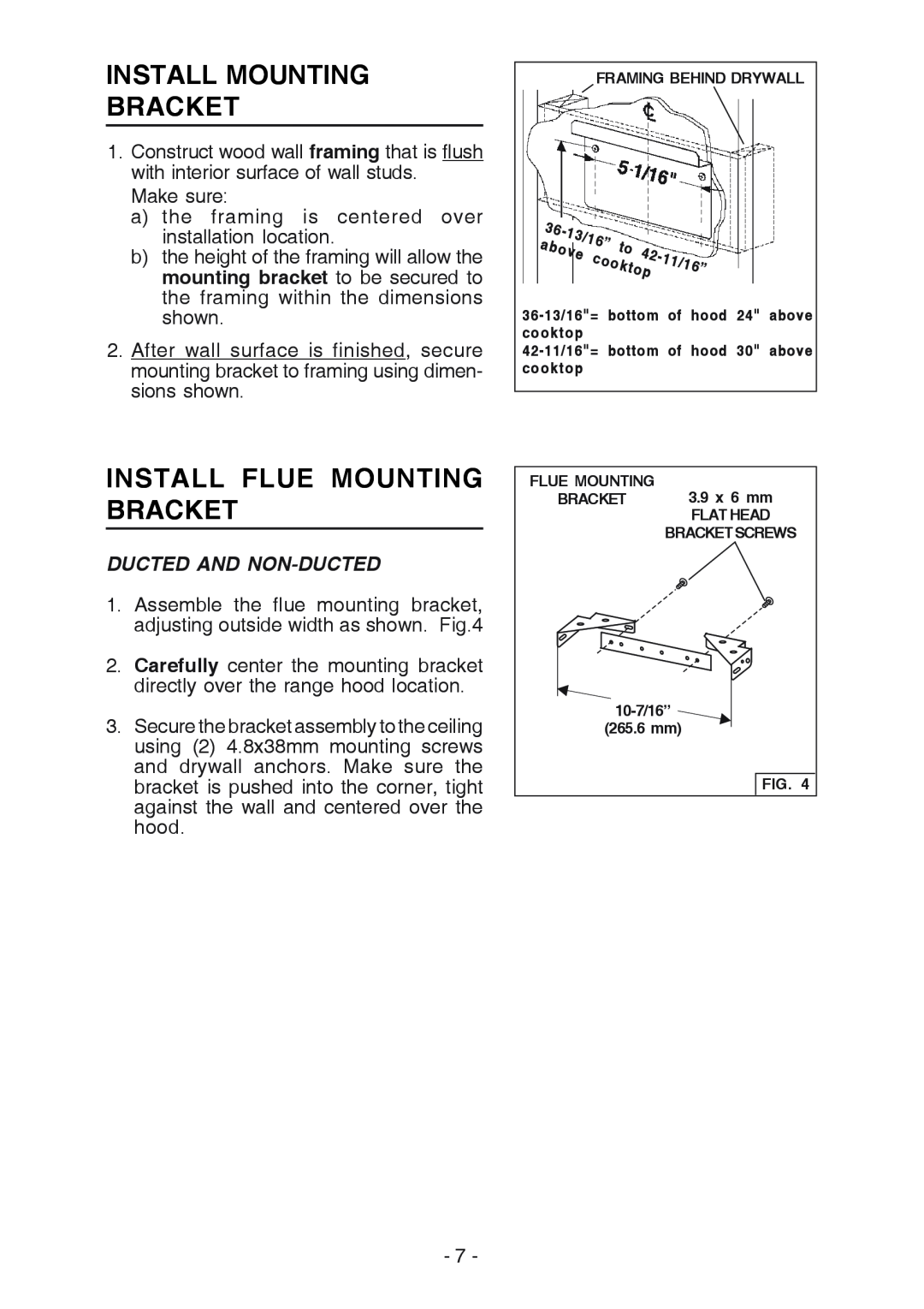 Broan K7388 manual Install Mounting Bracket, Install Flue Mounting Bracket, Ducted And Non-Ducted 