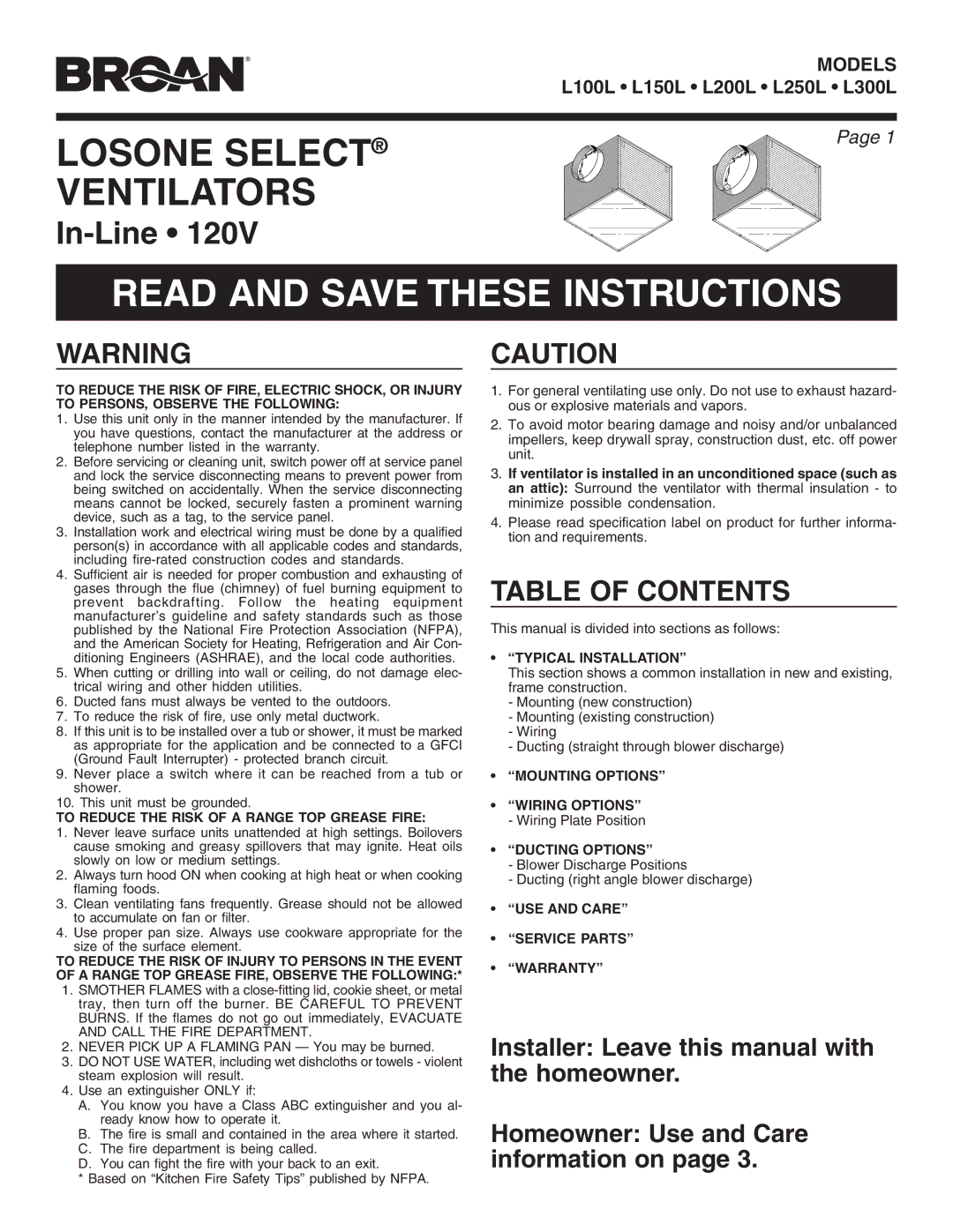 Broan L250L, L200L, L300L, L100L, L150L warranty Read and Save These Instructions, Table of Contents 