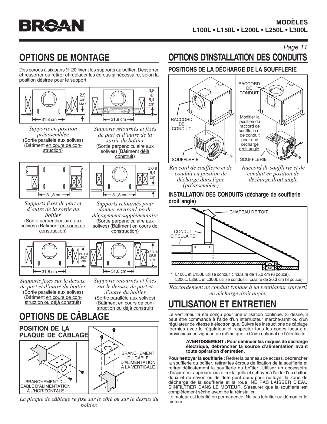 Broan L250L, L200L, L300L, L100L, L150L warranty Options DE Montage, Options DE Câblage, Utilisation ET Entretien 