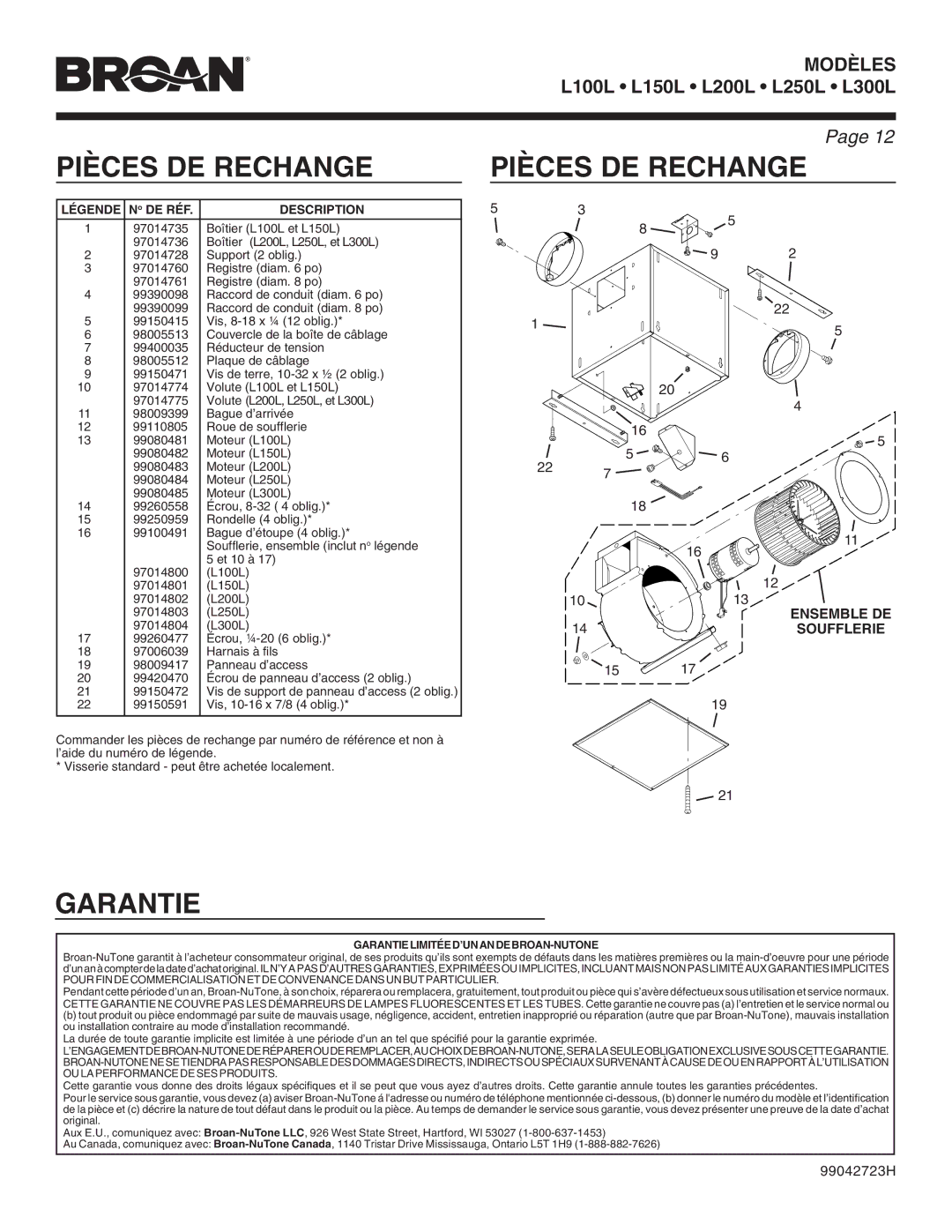 Broan L300L, L200L, L250L, L100L, L150L warranty Pièces DE Rechange, Garantie, Ensemble DE, Soufflerie 