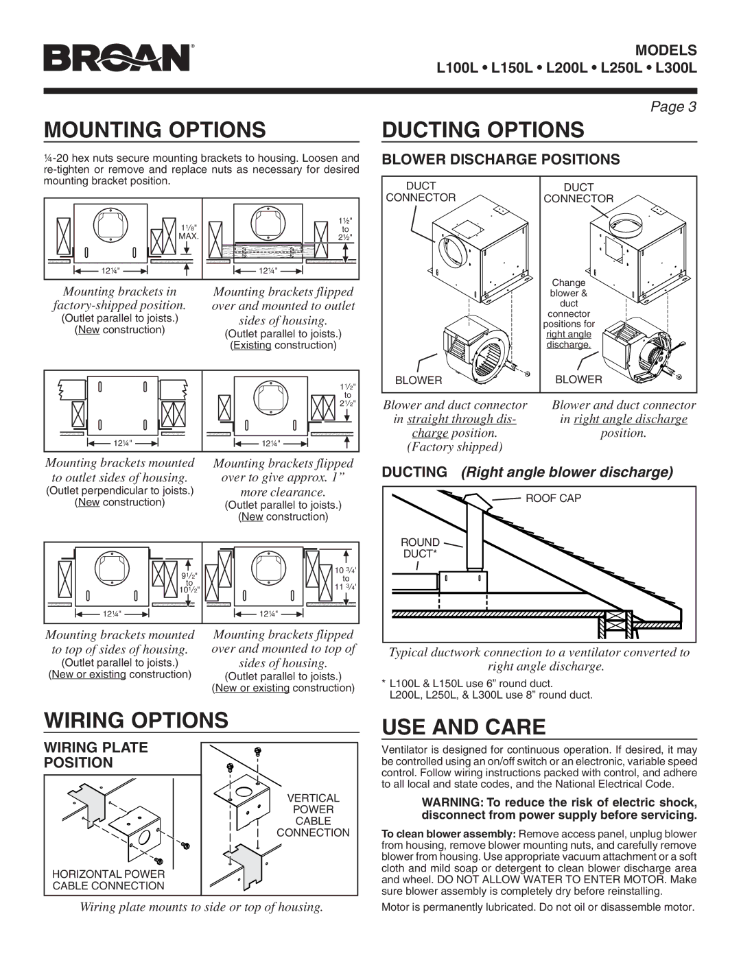 Broan L100L, L200L Mounting Options Ducting Options, Wiring Options, USE and Care, Ducting Right angle blower discharge 