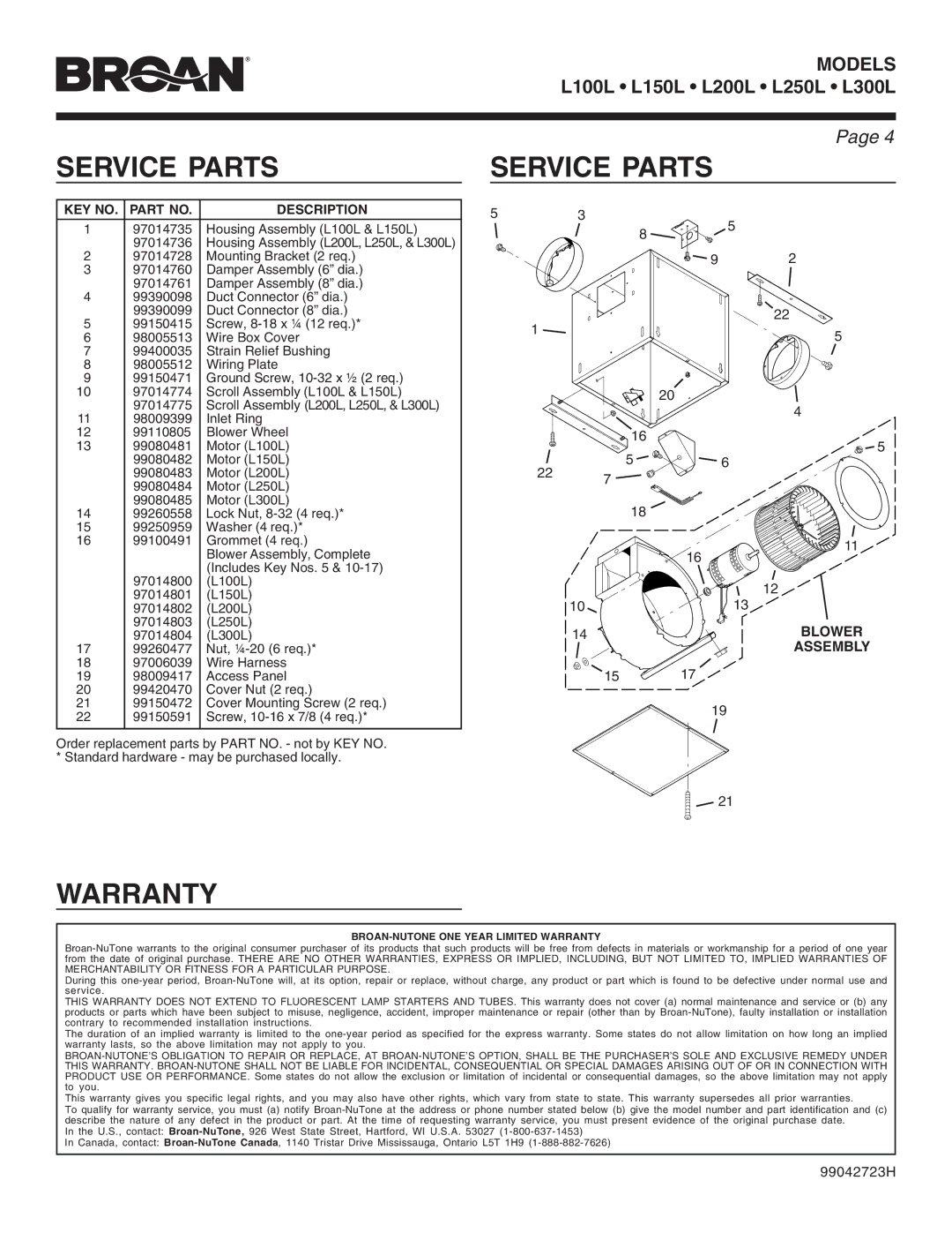 Broan L150L, L200L, L250L, L300L, L100L warranty Service Parts, Warranty, Blower, Assembly 