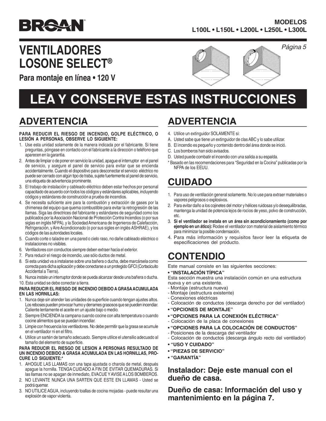 Broan L200L, L250L, L300L, L100L, L150L LEA Y Conserve Estas Instrucciones, Advertencia, Cuidado, Contendio, PáginaPage 