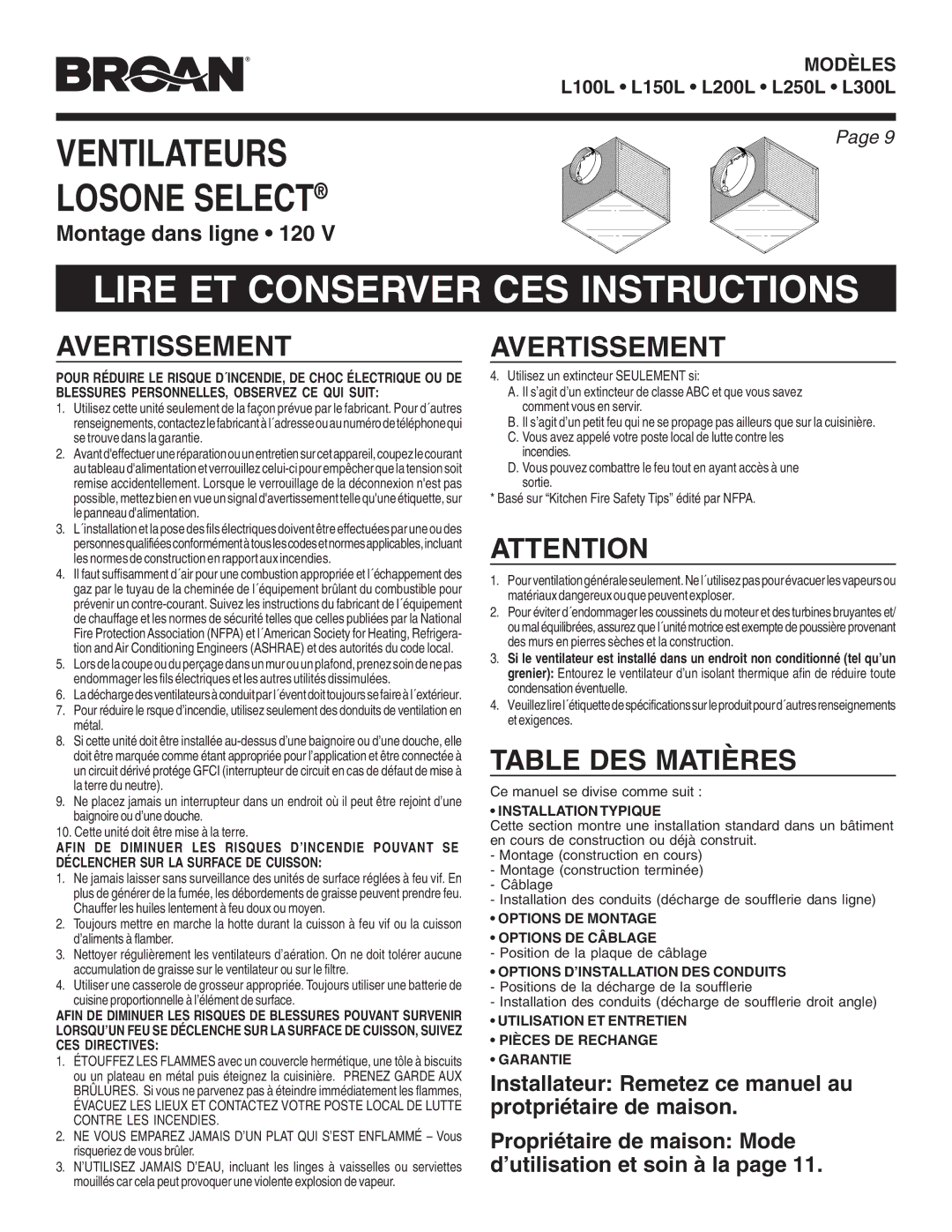 Broan L150L, L200L, L250L, L300L, L100L warranty Lire ET Conserver CES Instructions, Avertissement, Table DES Matières 