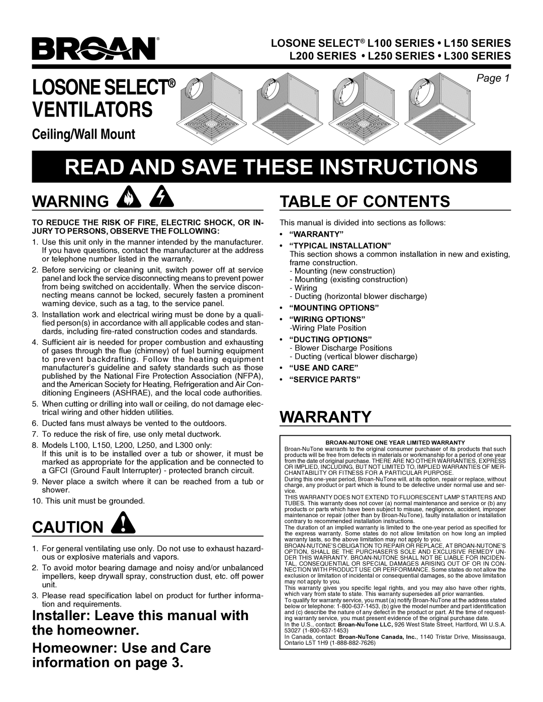 Broan L200 Series, L300 Series, L250 Series warranty Read and Save These Instructions, Table of Contents, Warranty 