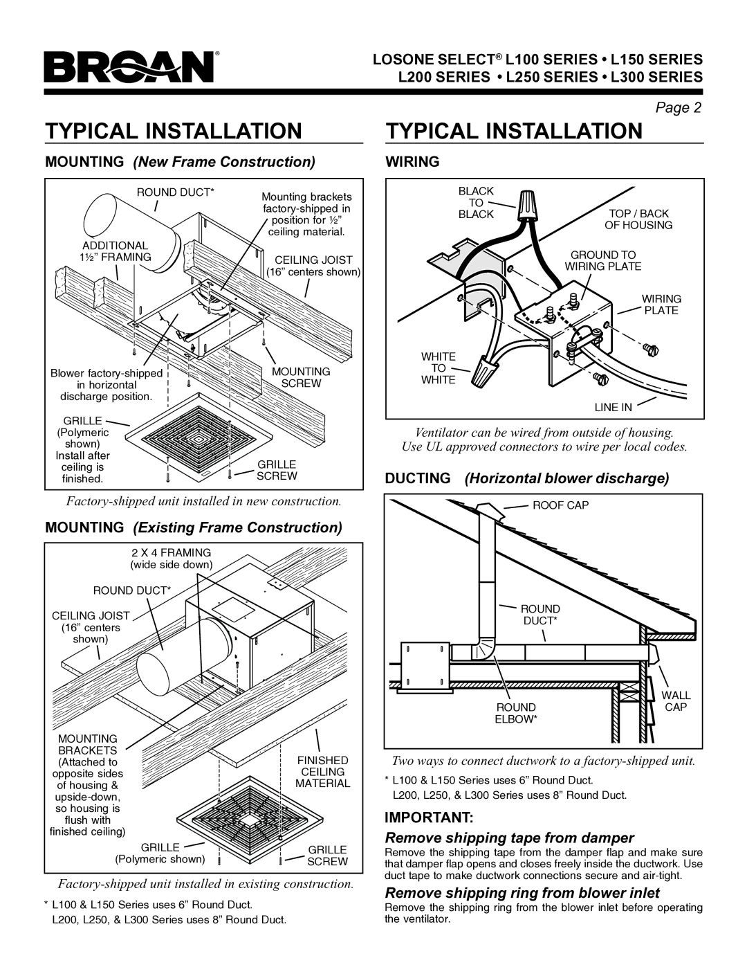 Broan L250 Series, L300 Series, L200 Series, L150 Series, L100 Series warranty Typical Installation 