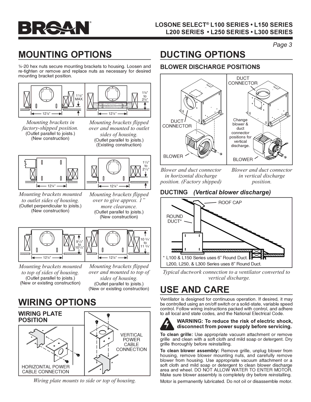 Broan L150 Series Mounting Options, Wiring Options, Ducting Options, USE and Care, Ducting Vertical blower discharge 