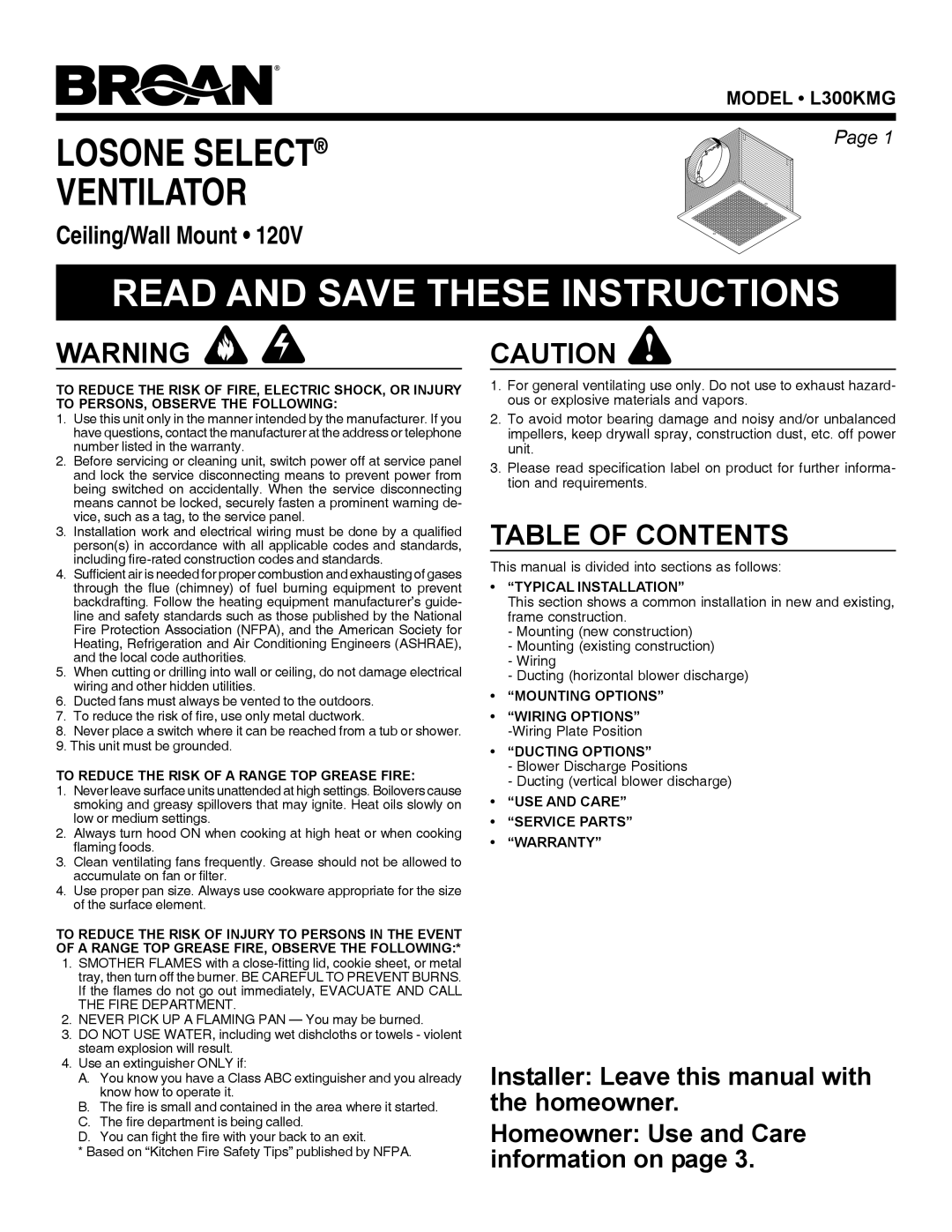 Broan L300KMG warranty Read and Save These Instructions, Table of Contents 