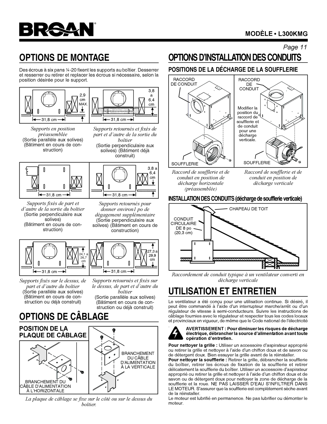 Broan L300KMG warranty Position DE LA, Plaque DE Câblage 