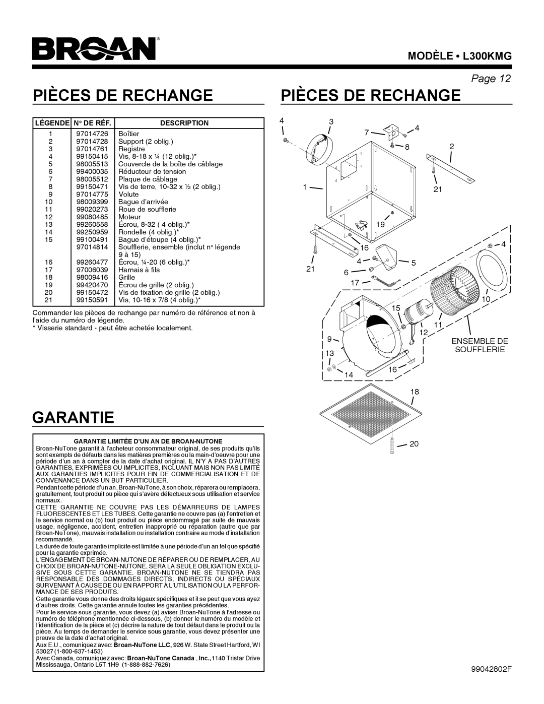 Broan L300KMG warranty Pièces DE Rechange, Garantie 