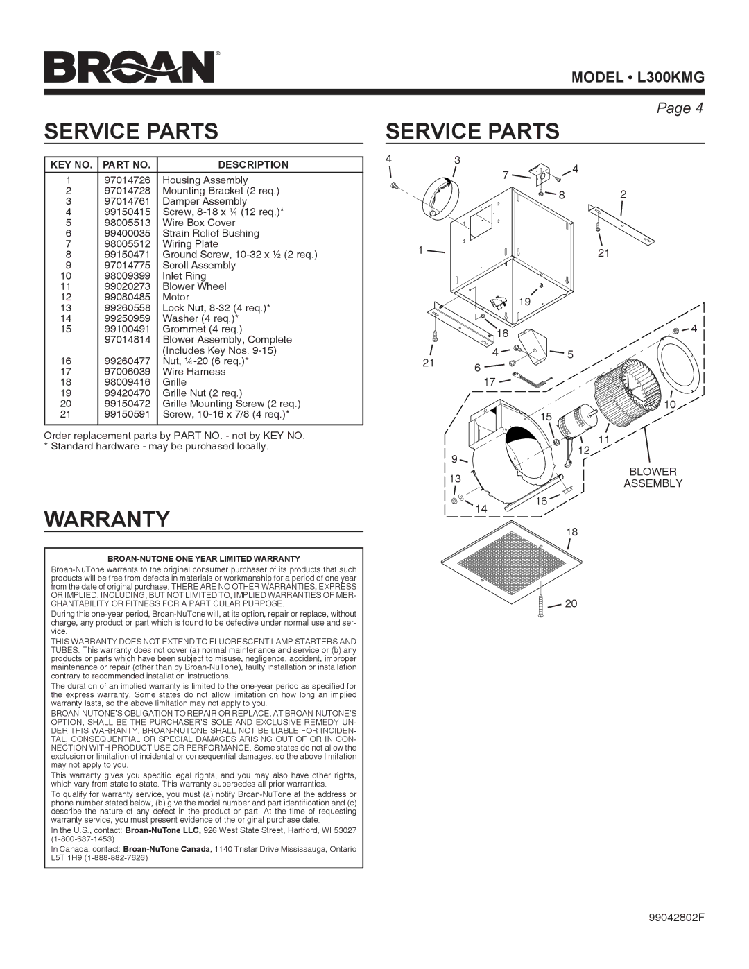 Broan L300KMG warranty Service Parts, Warranty 