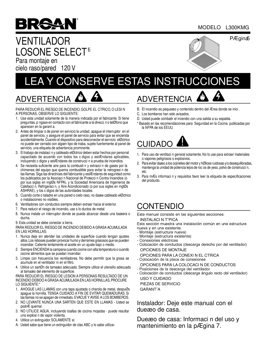 Broan L300KMG warranty LEA Y Conserve Estas Instrucciones, Advertencia, Cuidado, Contendio, Página 