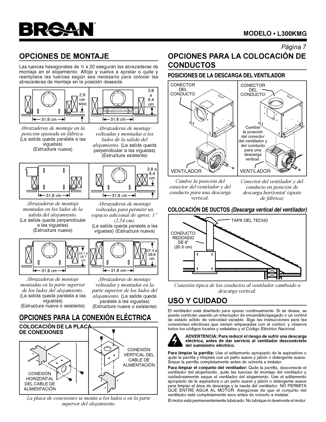 Broan L300KMG warranty Opciones DE Montaje 