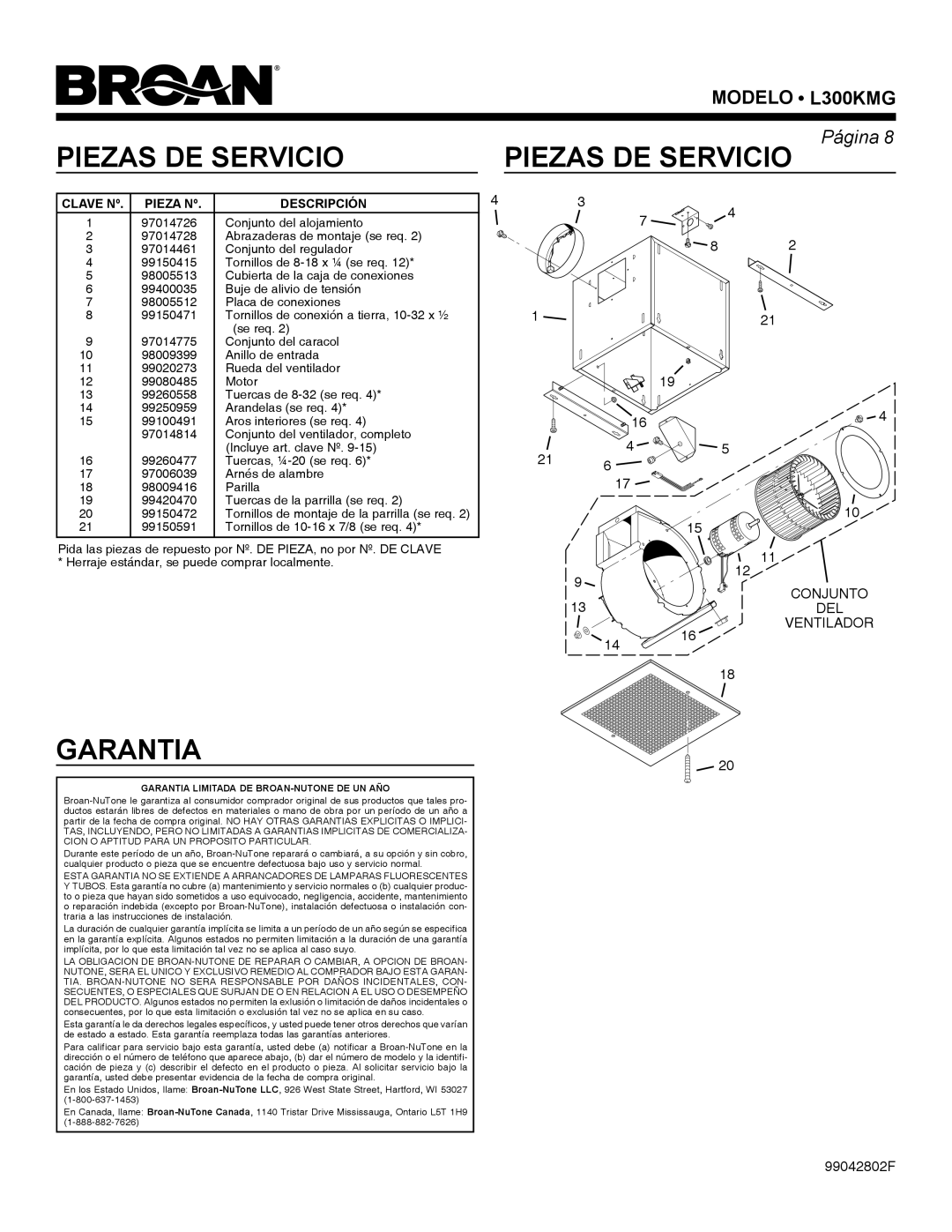 Broan L300KMG warranty Piezas DE Servicio, Garantia 