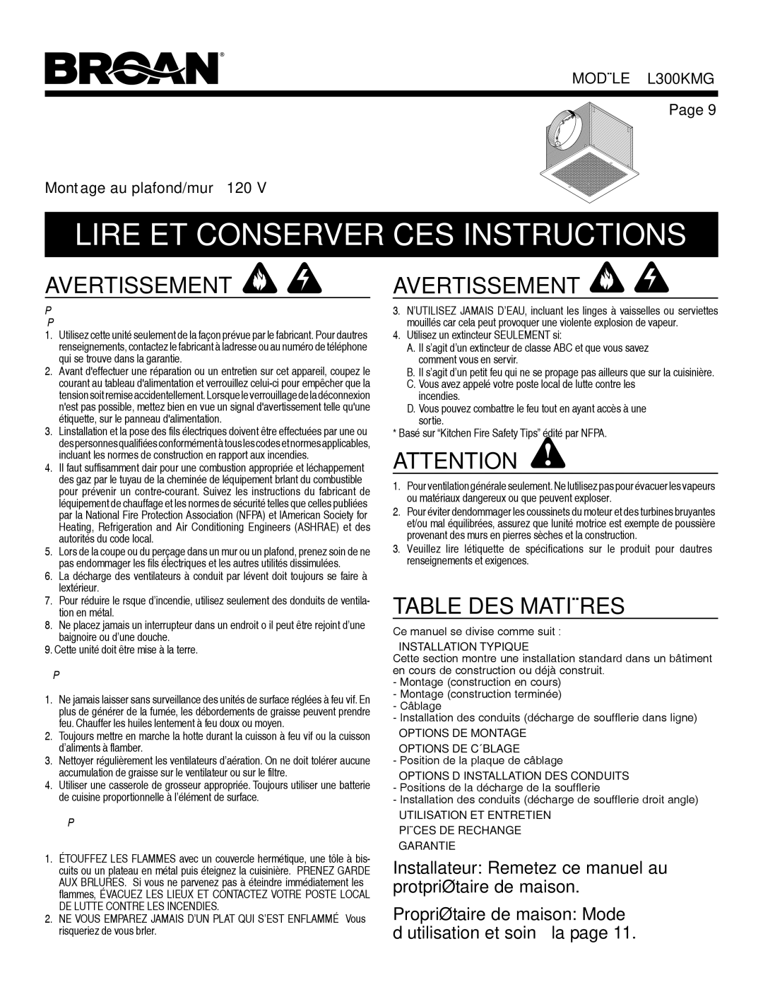 Broan warranty Lire ET Conserver CES Instructions, Avertissement, Table DES Matières, Modèle L300KMG 